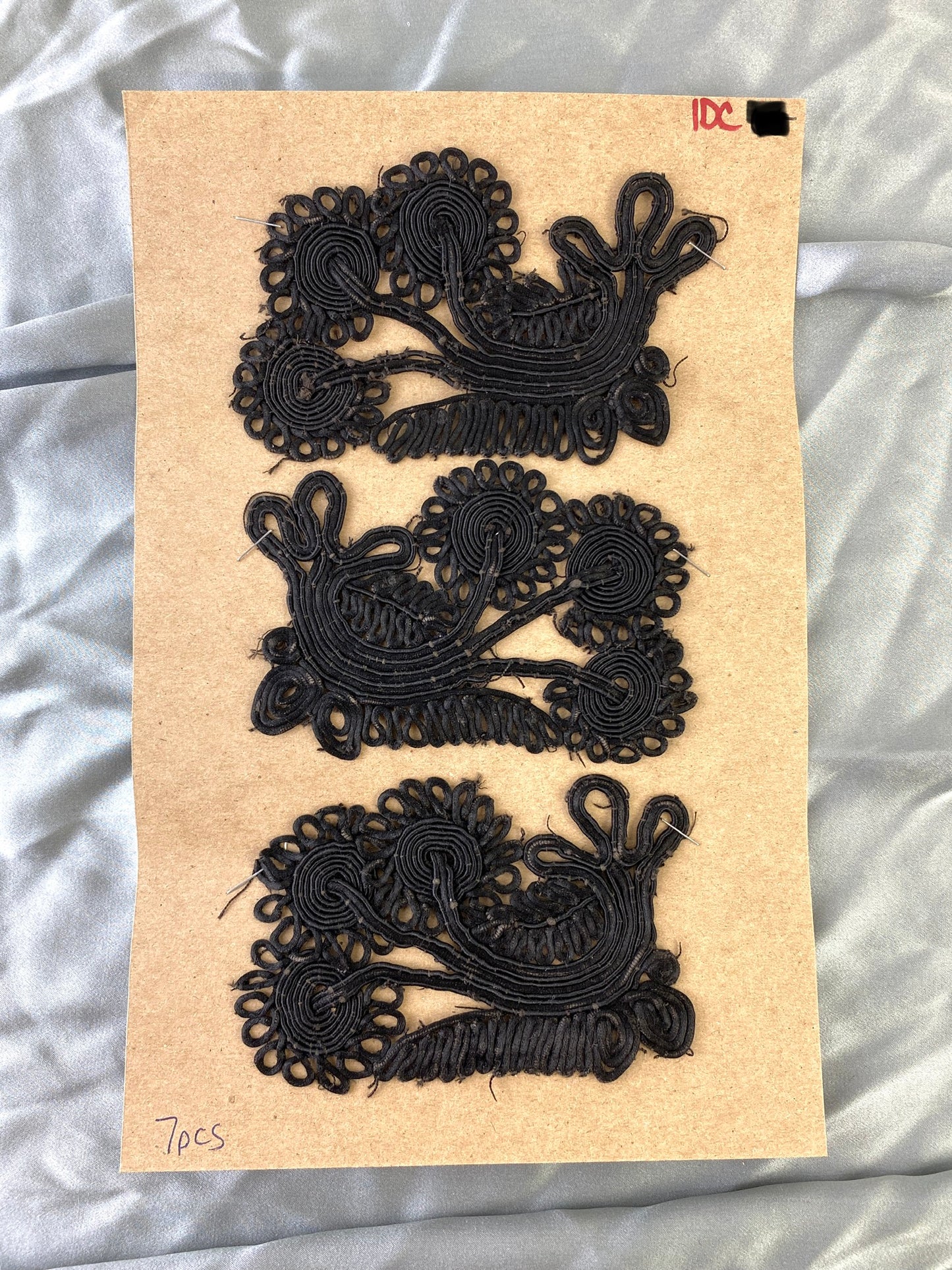 Antique Victorian Black Silk Cord Appliqués, 7 Pieces