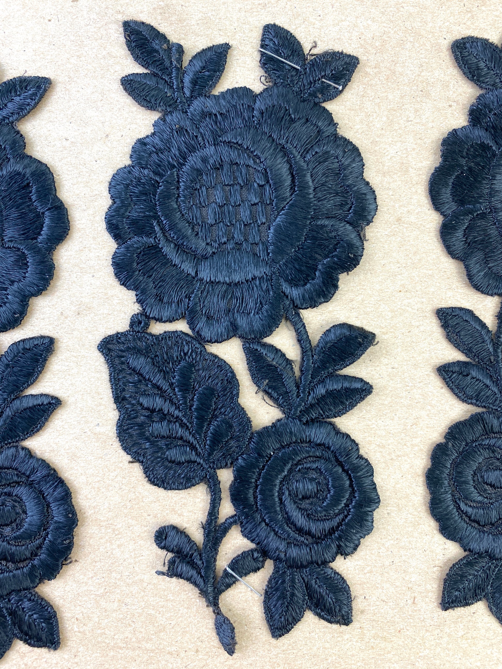 Antique Victorian Black Silk Floral Embroidered Appliqués, 4 Pieces