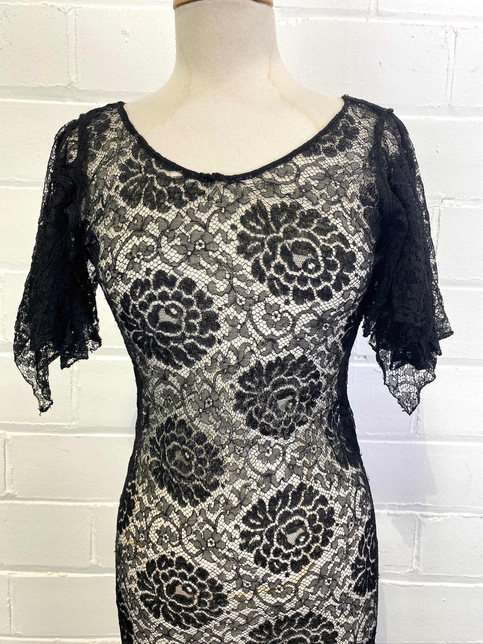 Vintage 1930s Black Lace Dress, Small