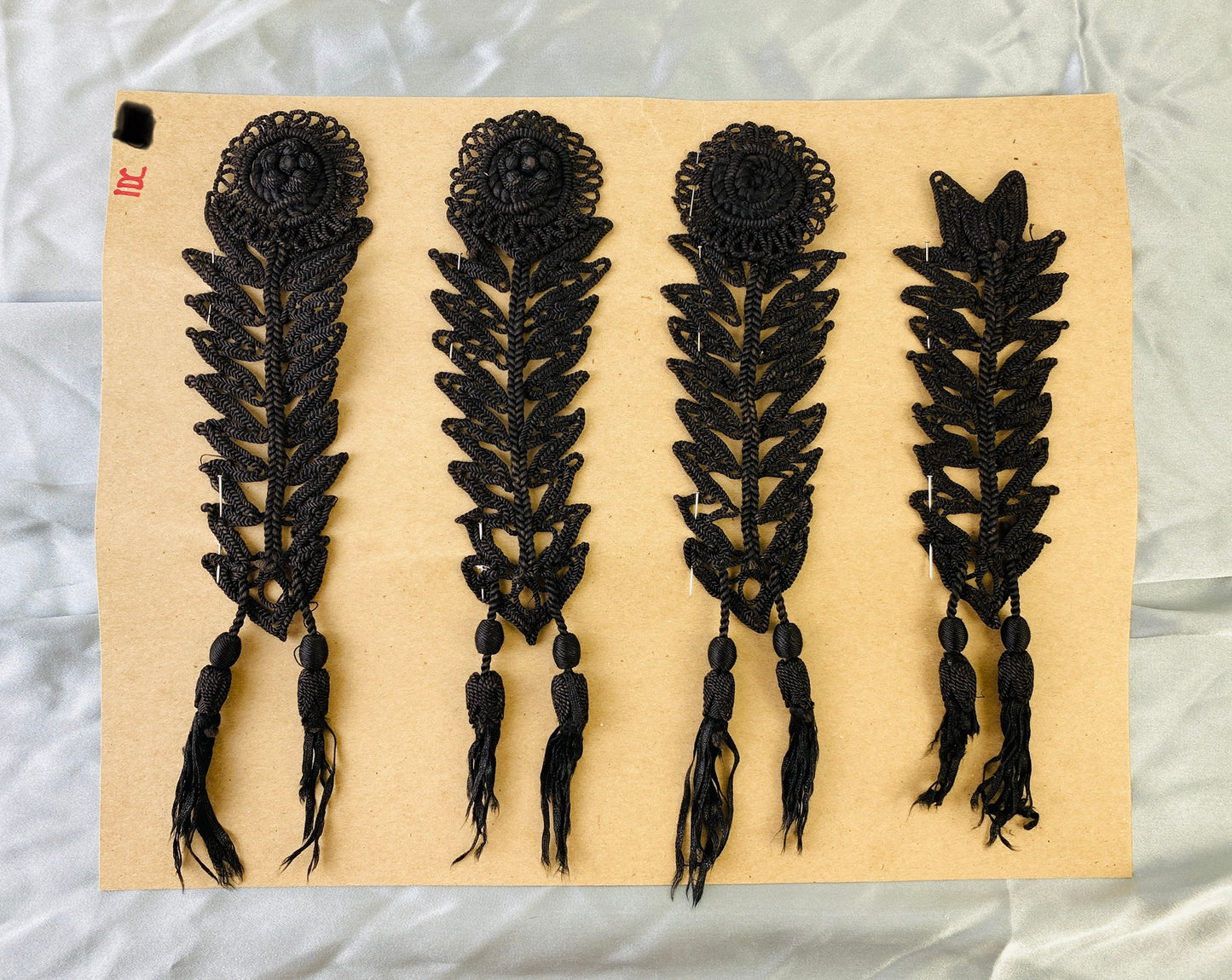 Antique Victorian Black Floral Cord Appliqués, 4 Pieces