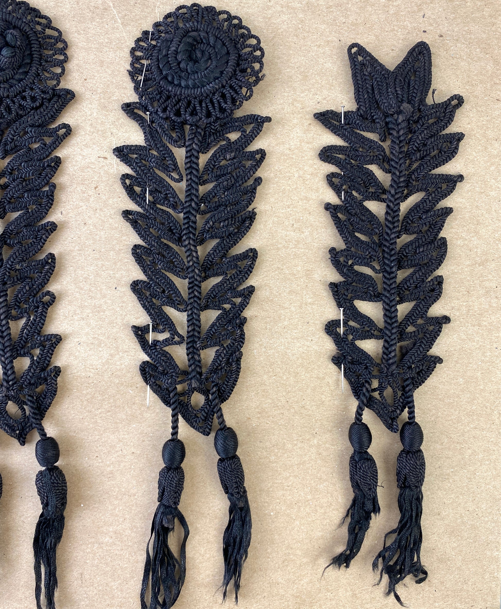 Antique Victorian Black Floral Cord Appliqués, 4 Pieces