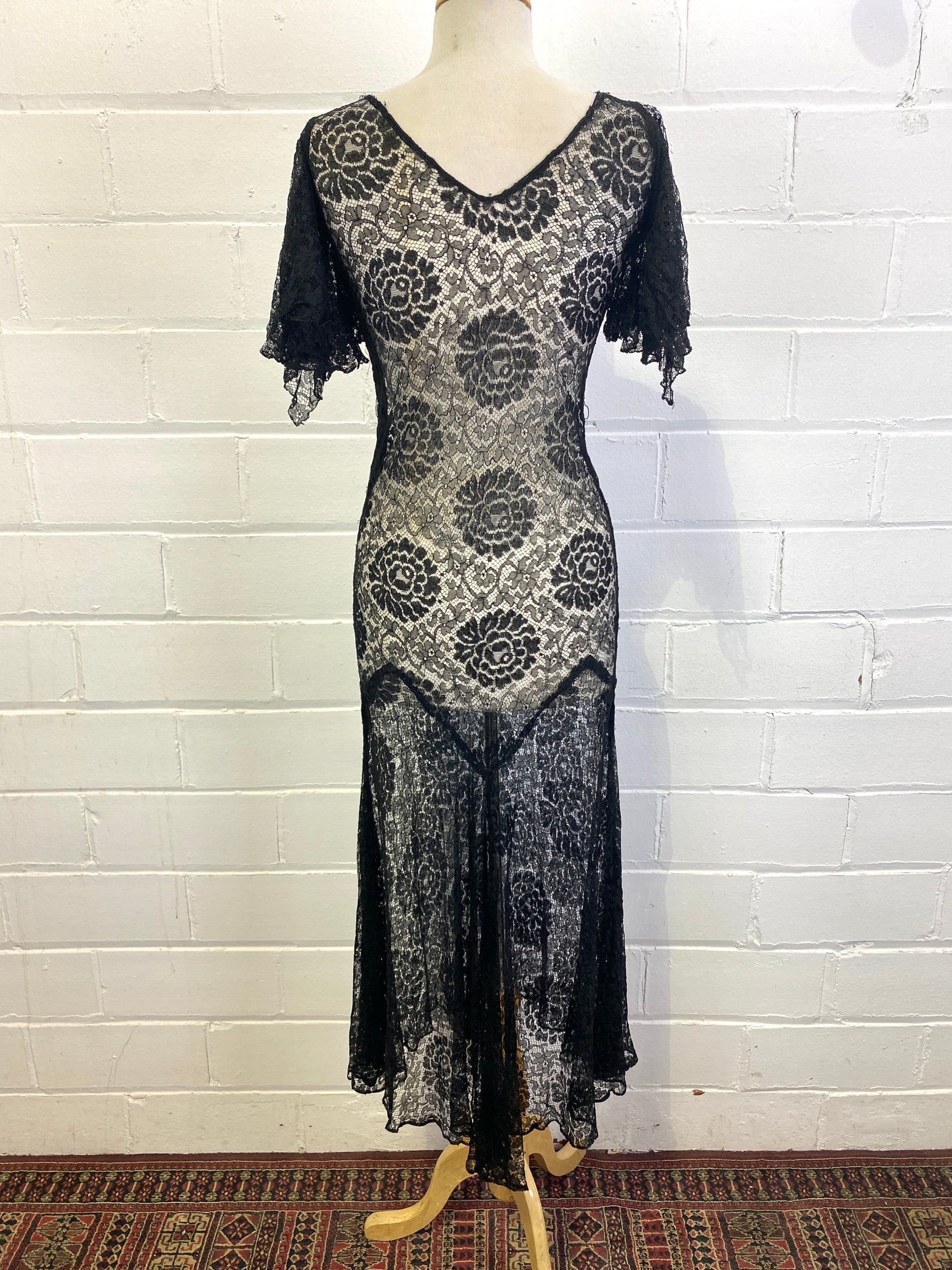 Vintage 1930s Black Lace Butterfly Sleeve Evening Dress, Small Ian Drummond Vintage Vintage 1930s Black Lace Butterfly Sleeve Evening Dress, Small Ian Drummond Vintage