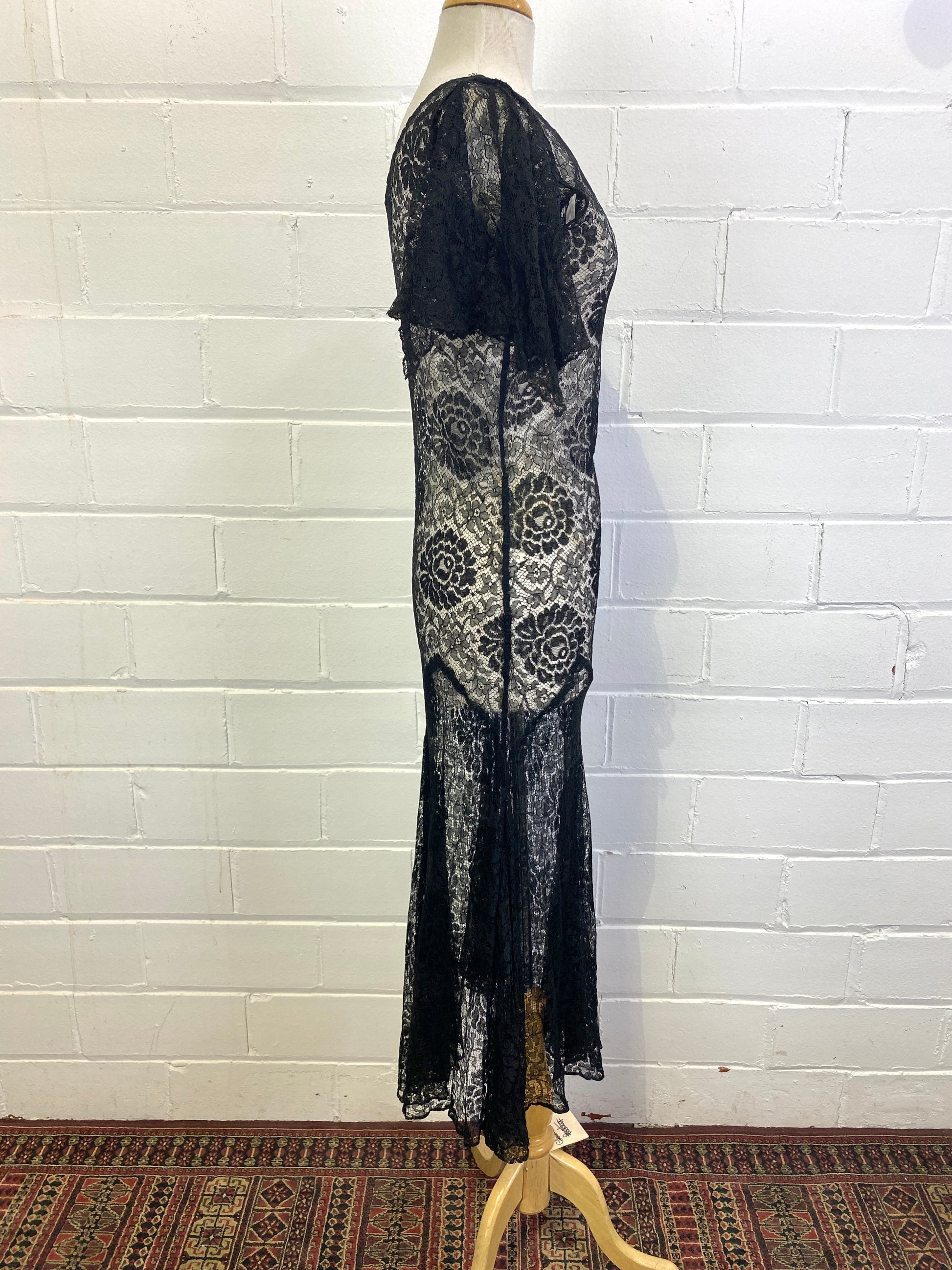 Vintage 1930s Black Lace Butterfly Sleeve Evening Dress, Small Ian Drummond Vintage Vintage 1930s Black Lace Butterfly Sleeve Evening Dress, Small Ian Drummond Vintage
