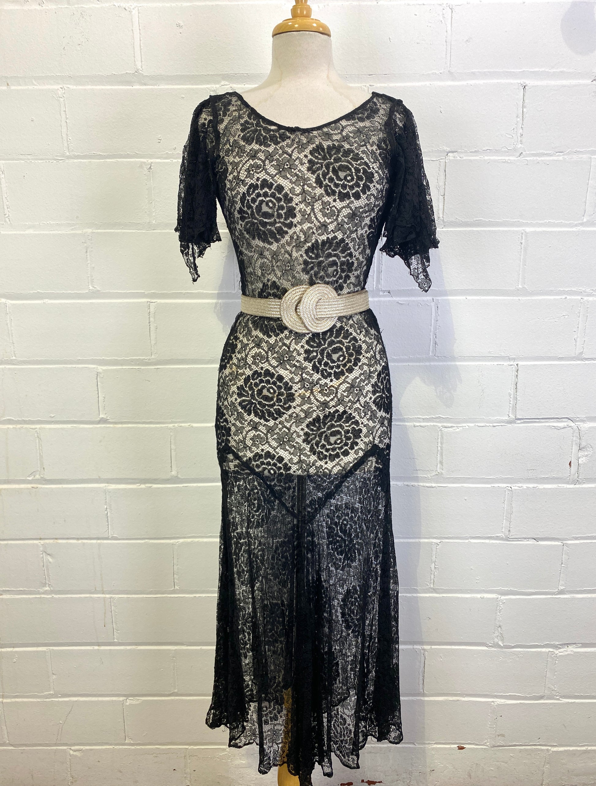 Vintage 1930s Black Lace Dress, Small butterfly sleeves and handkerchief hem, sheer black lace 