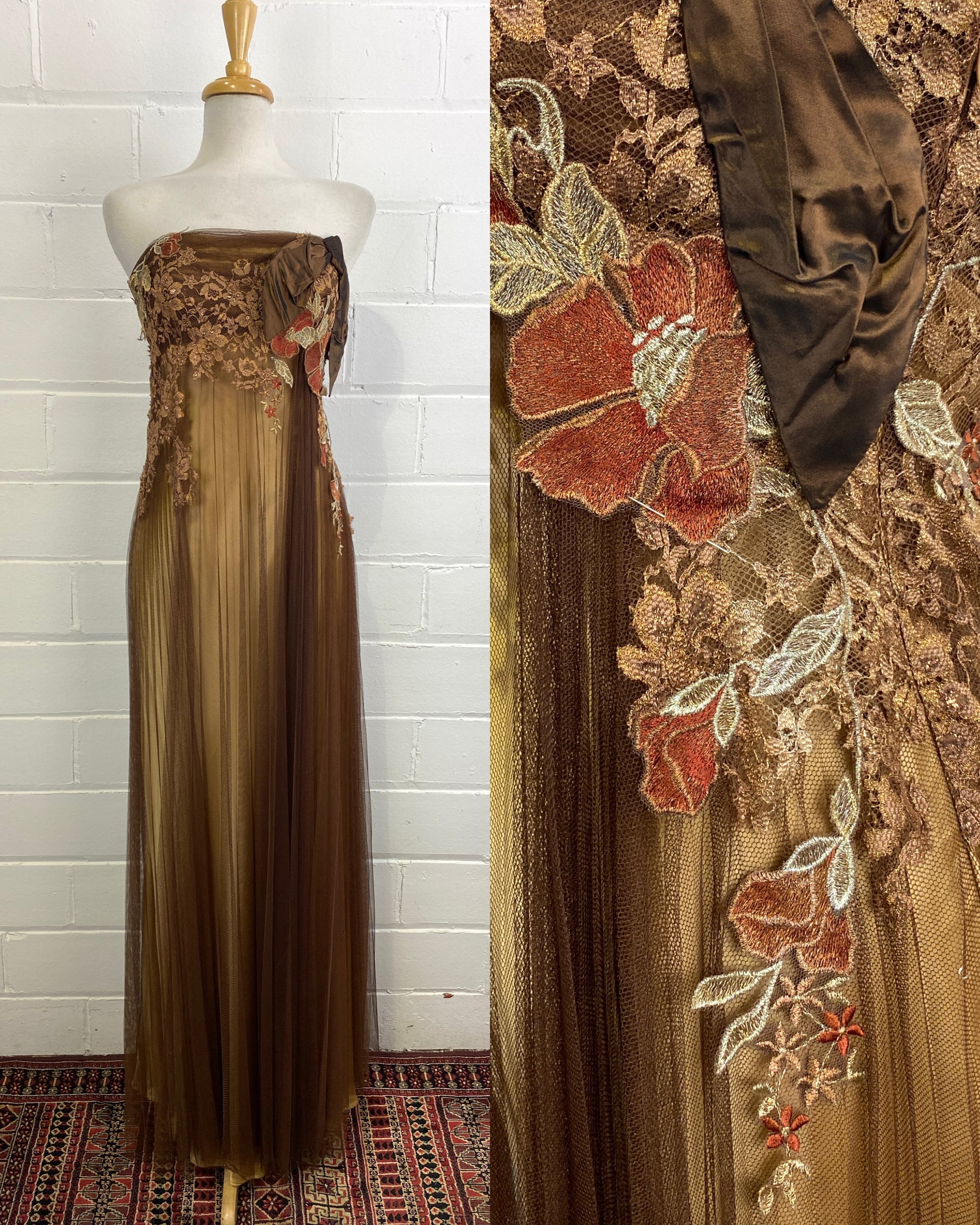 Vintage 1990s Autumnal Bronze/ Gold Silk Tulle Evening Gown, Medium, Doubles