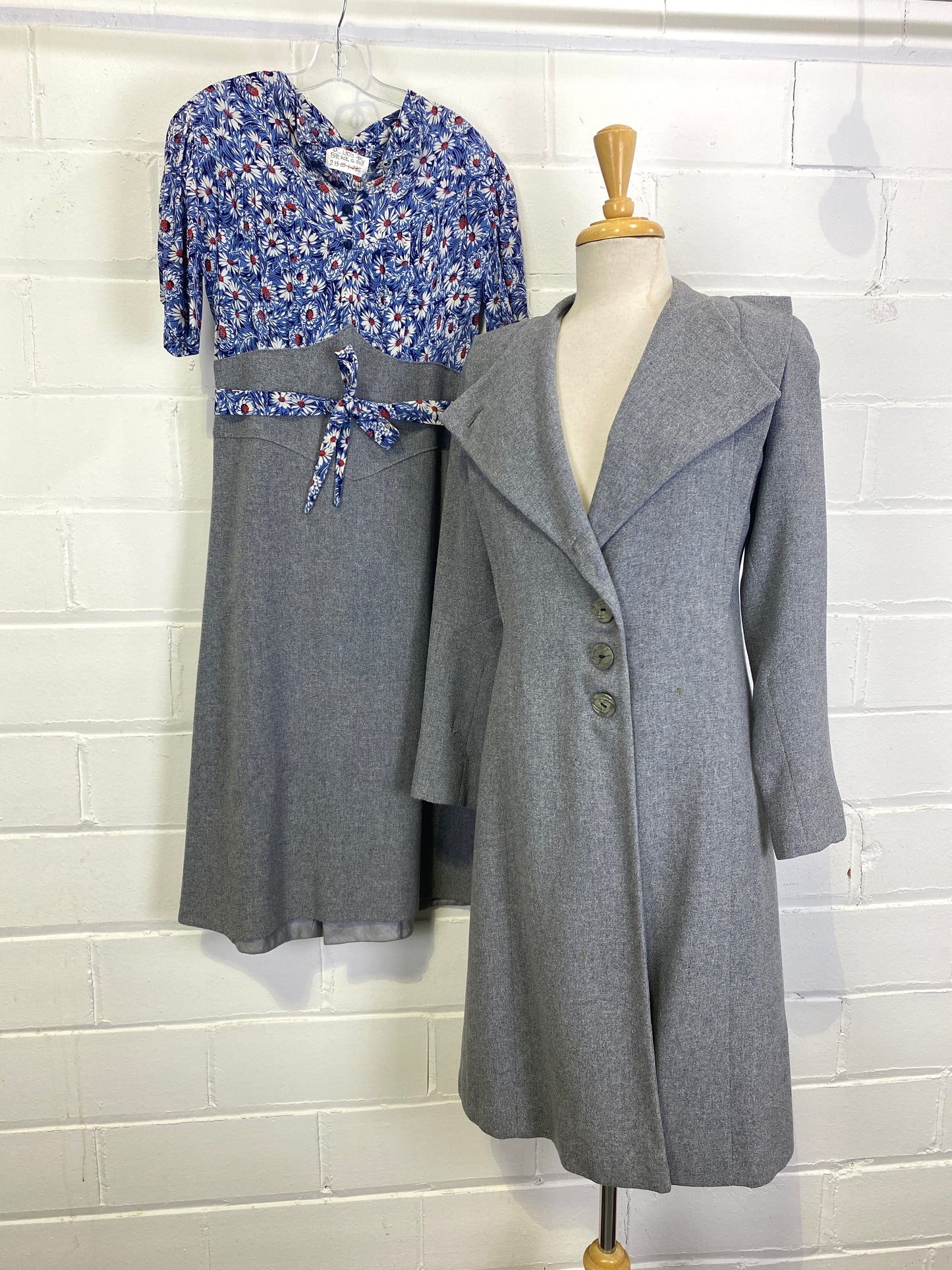 Late 1930s Blue Floral Dress and Grey Coat Set, Small 