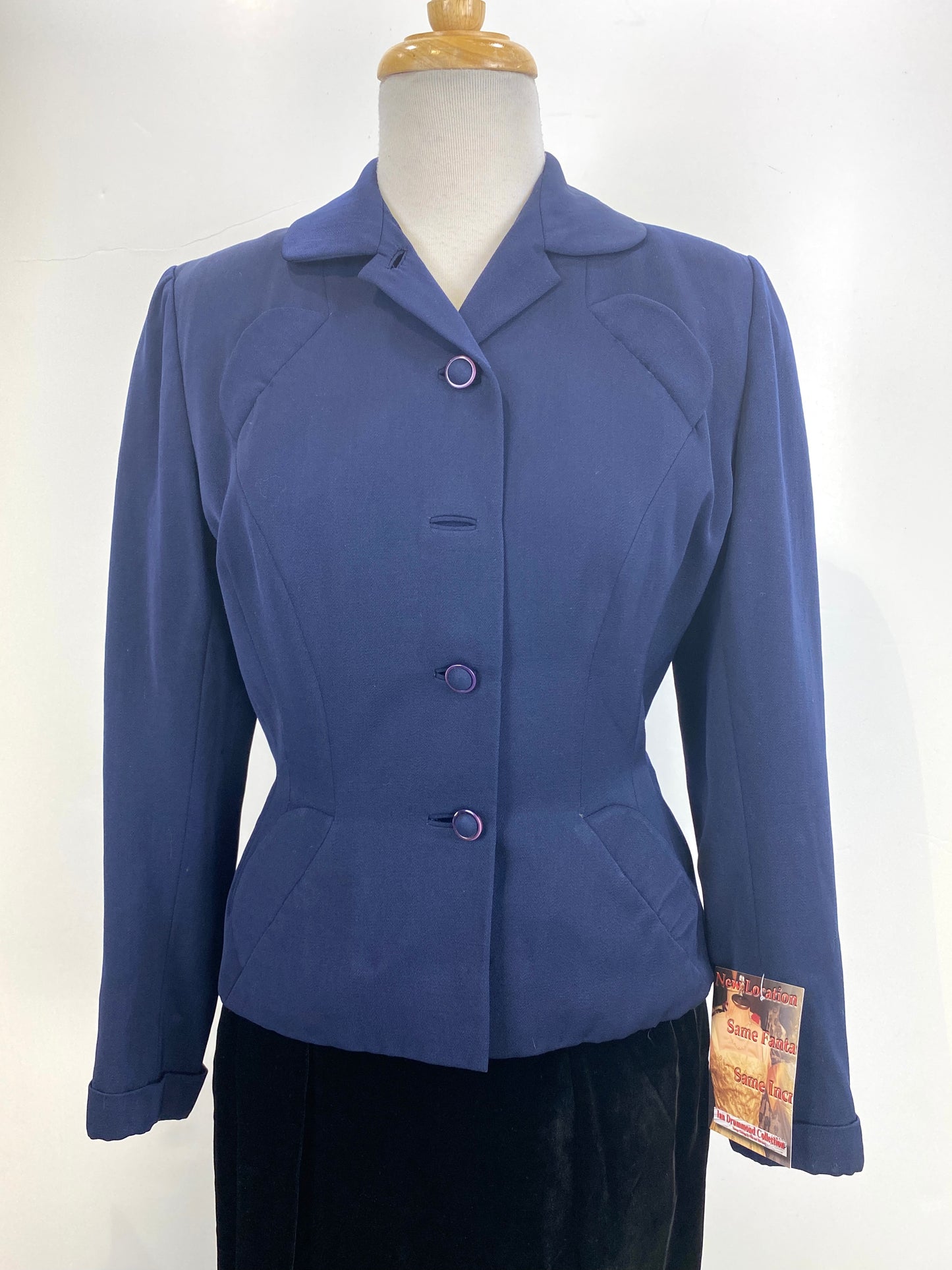 Vintage 1940s Women's Tailored Navy Wool-Gabardine Jacket, Small