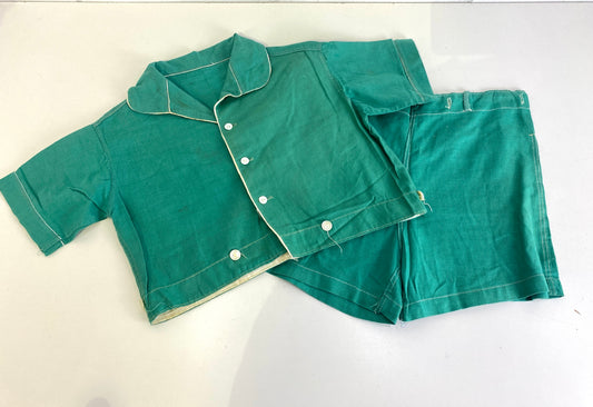 Vintage 1930s Green Linen Boys Shorts & Shirt Romper Set