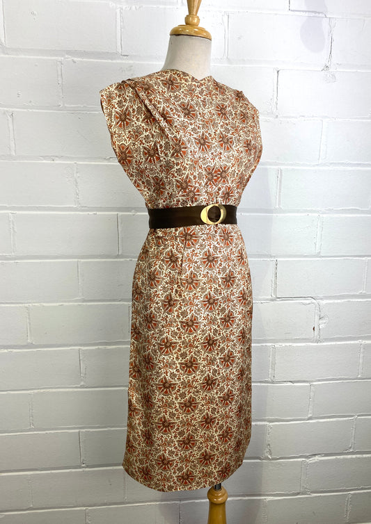 Vintage 1950s Brown & Orange Print Wiggle Dress, Small