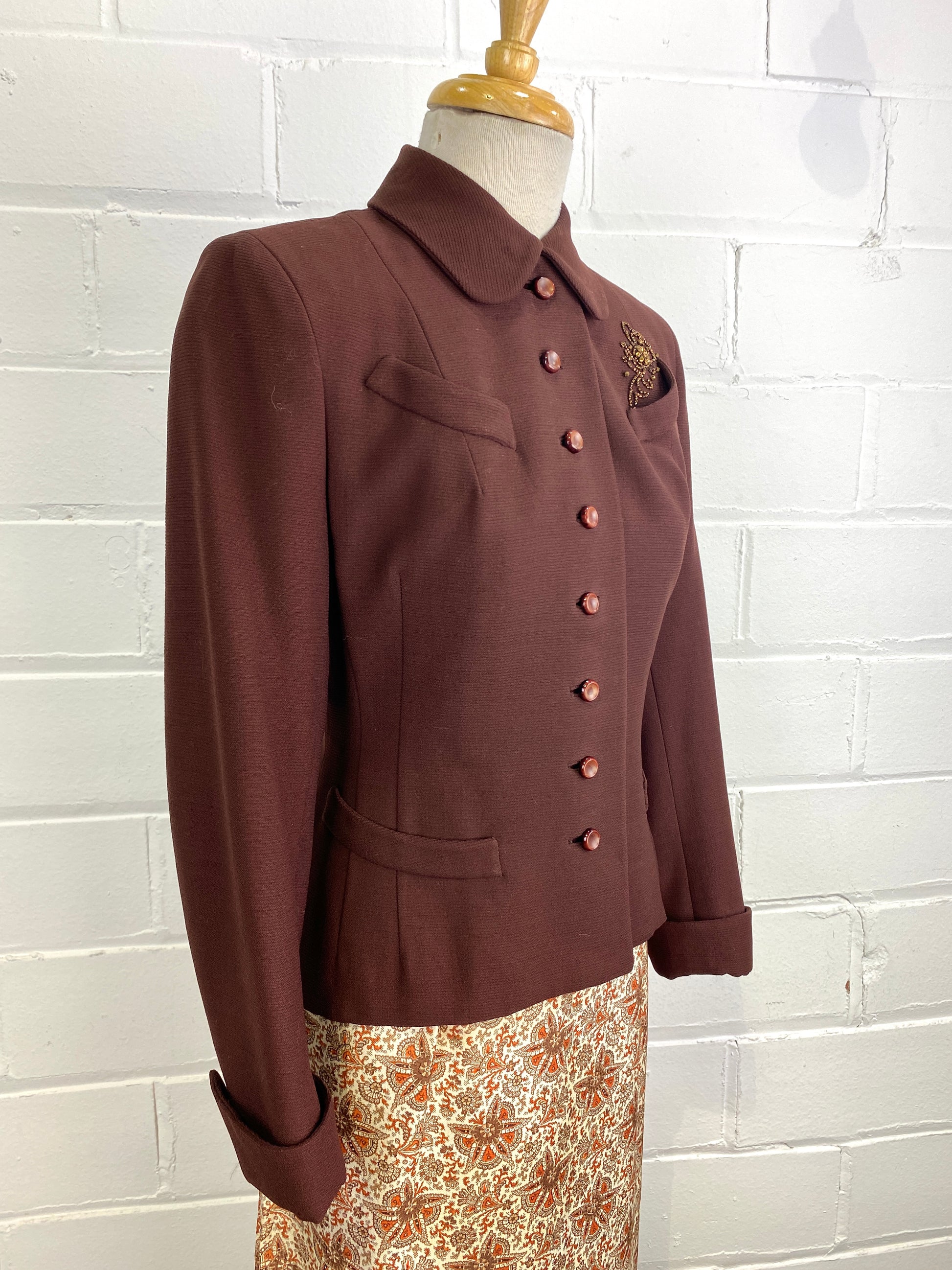 Vintage 1950s Brown Blazer with Bronze Beads, Small