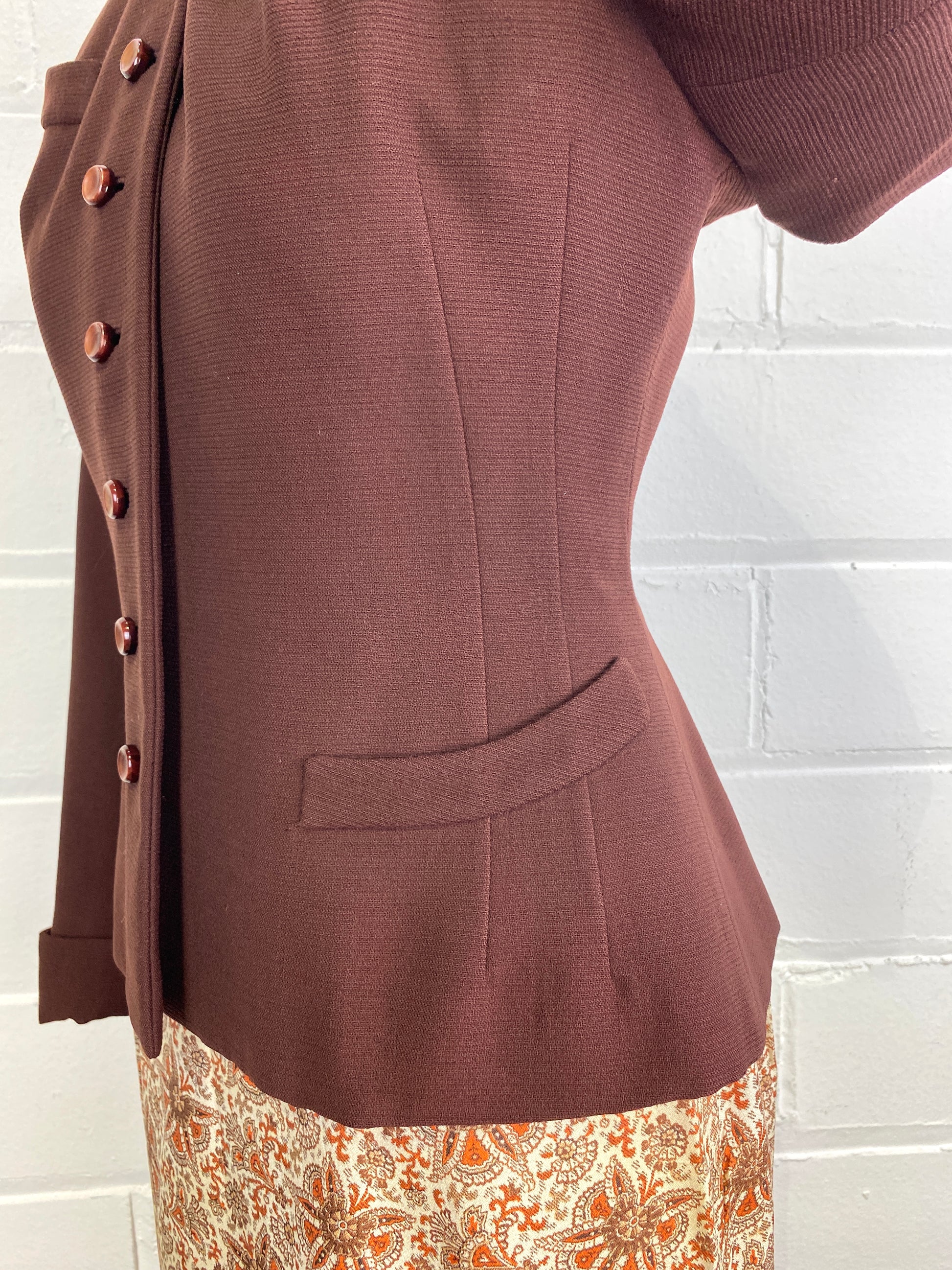 Vintage 1950s Brown Blazer with Bronze Beads, Small