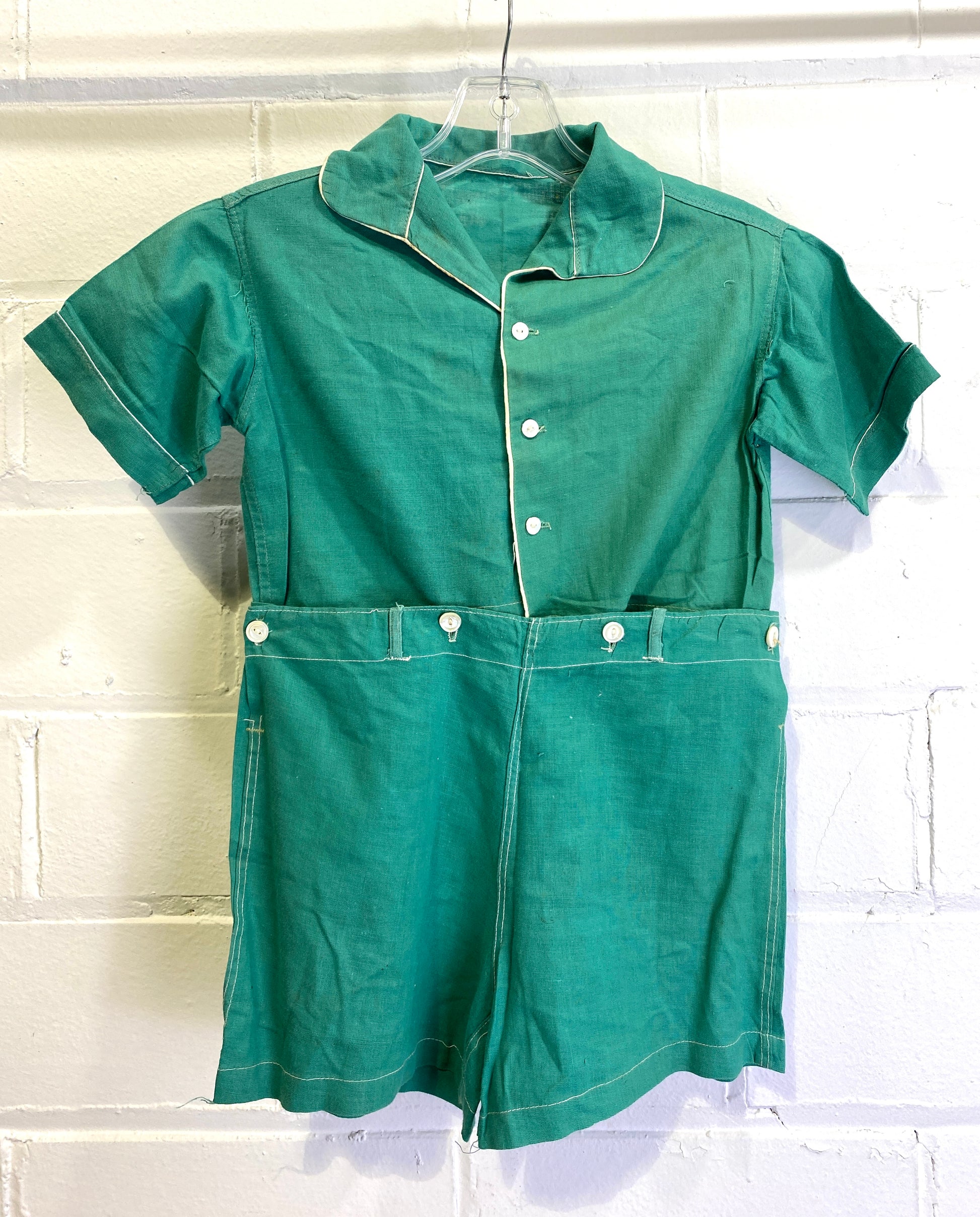 Vintage 1930s Green Linen Boys Shorts & Shirt Romper Set