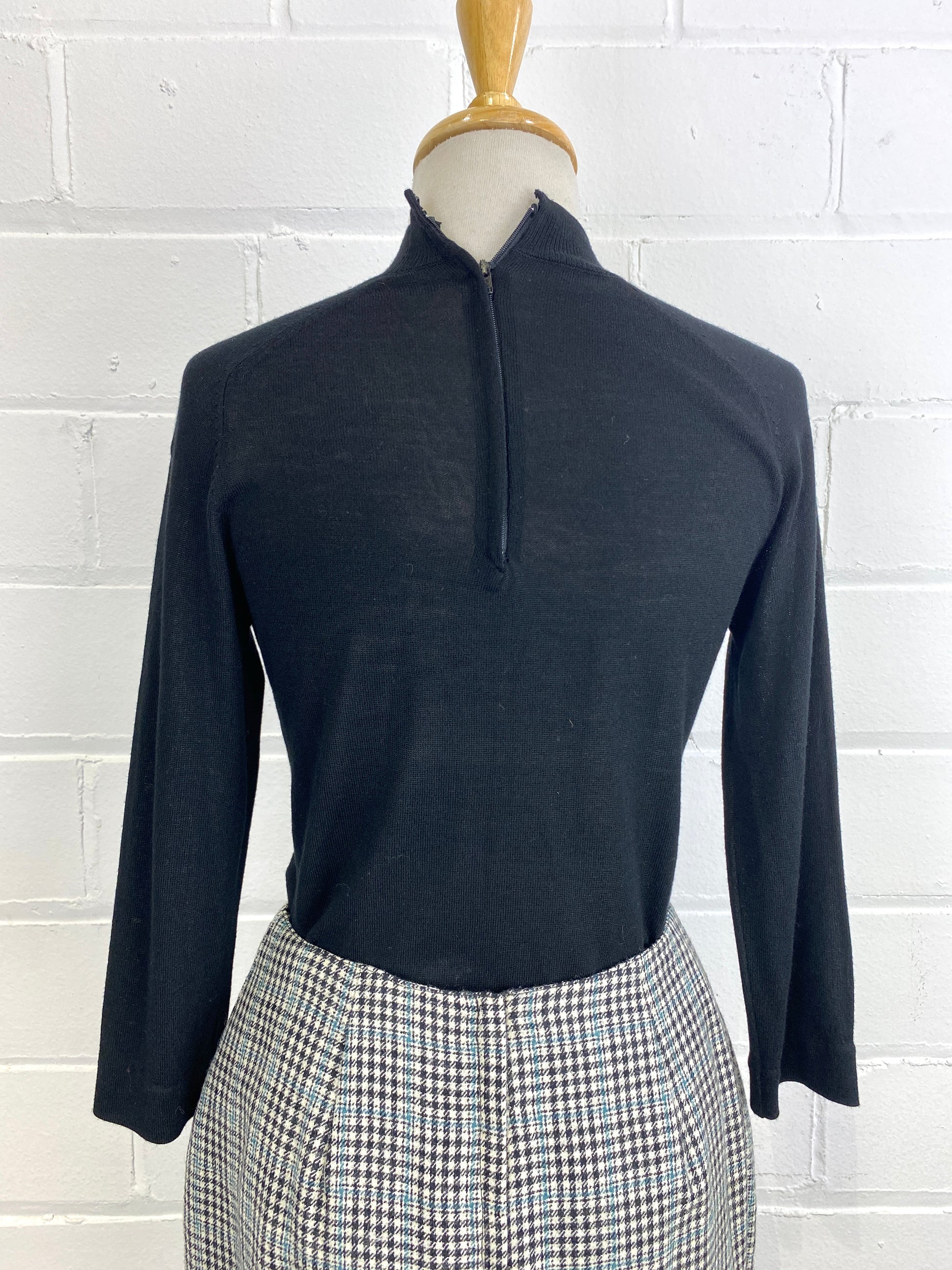 Vintage 60s-Style Black Mock Neck 3/4 Sleeve Mod Knit Top, Small