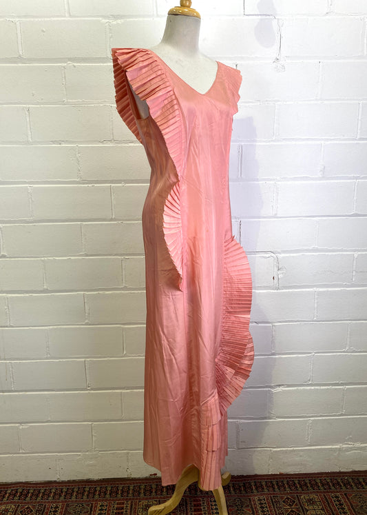 Vintage 1930s Pink Taffeta Evening Gown, Pleated Frills, XS