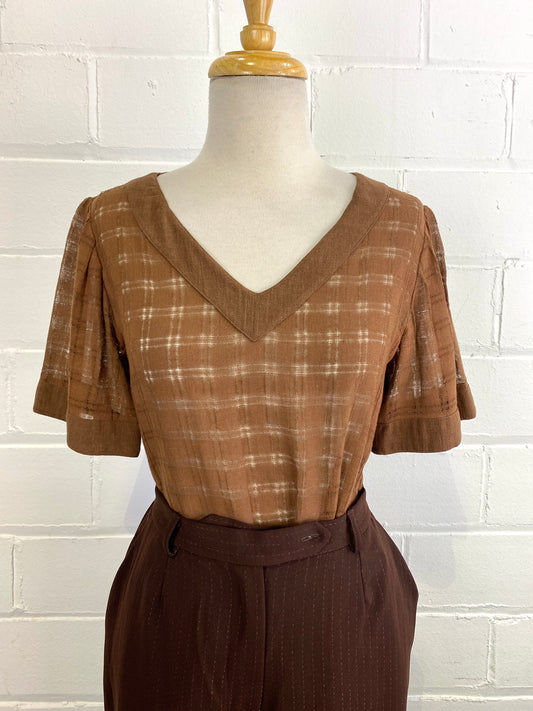 Vintage Brown Cotton Gauze Short Sleeve Shirt, Small
