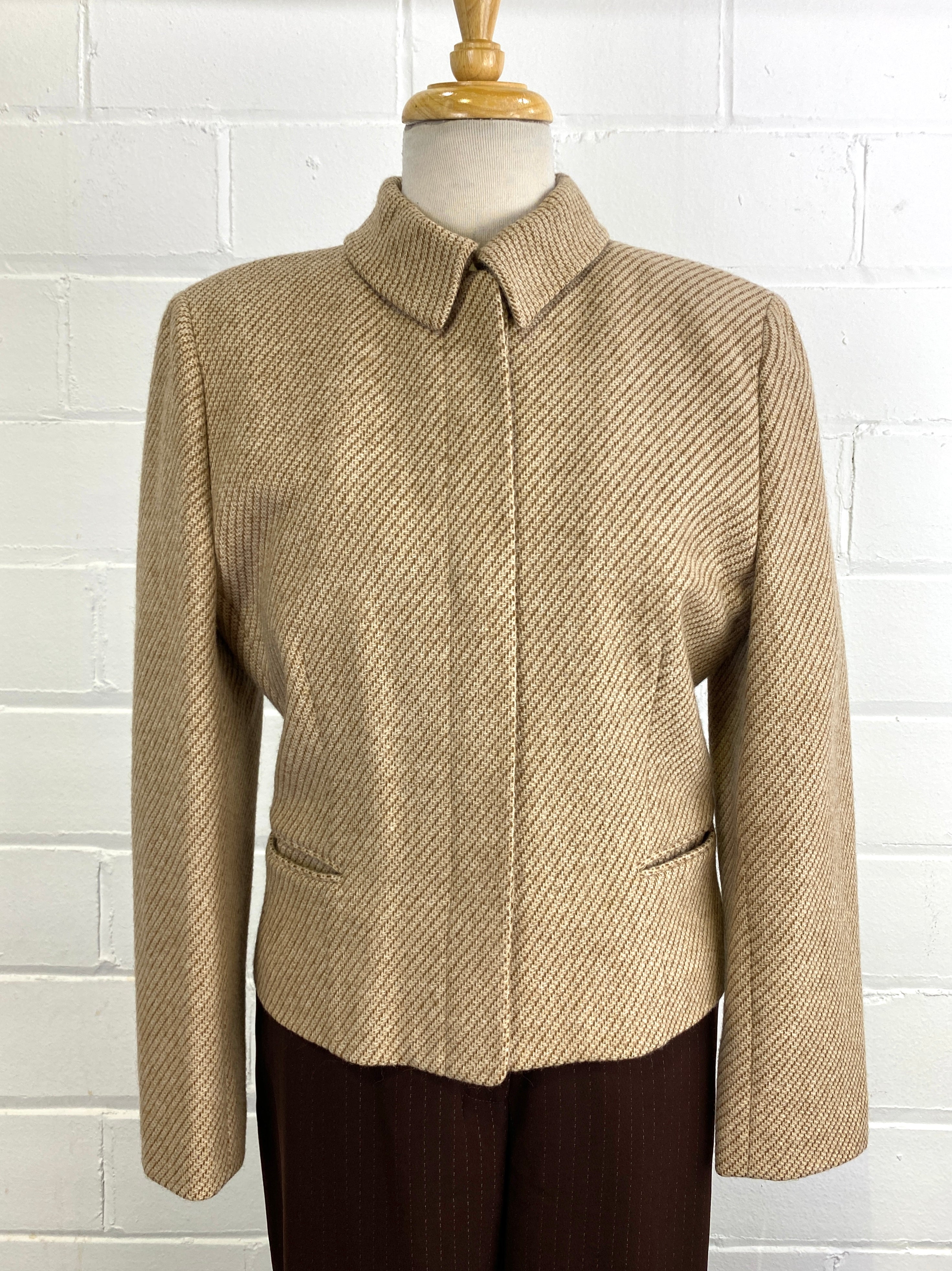1990s Designer Wool/ Camel Beige Stripe Jacket and Vest Set, Small