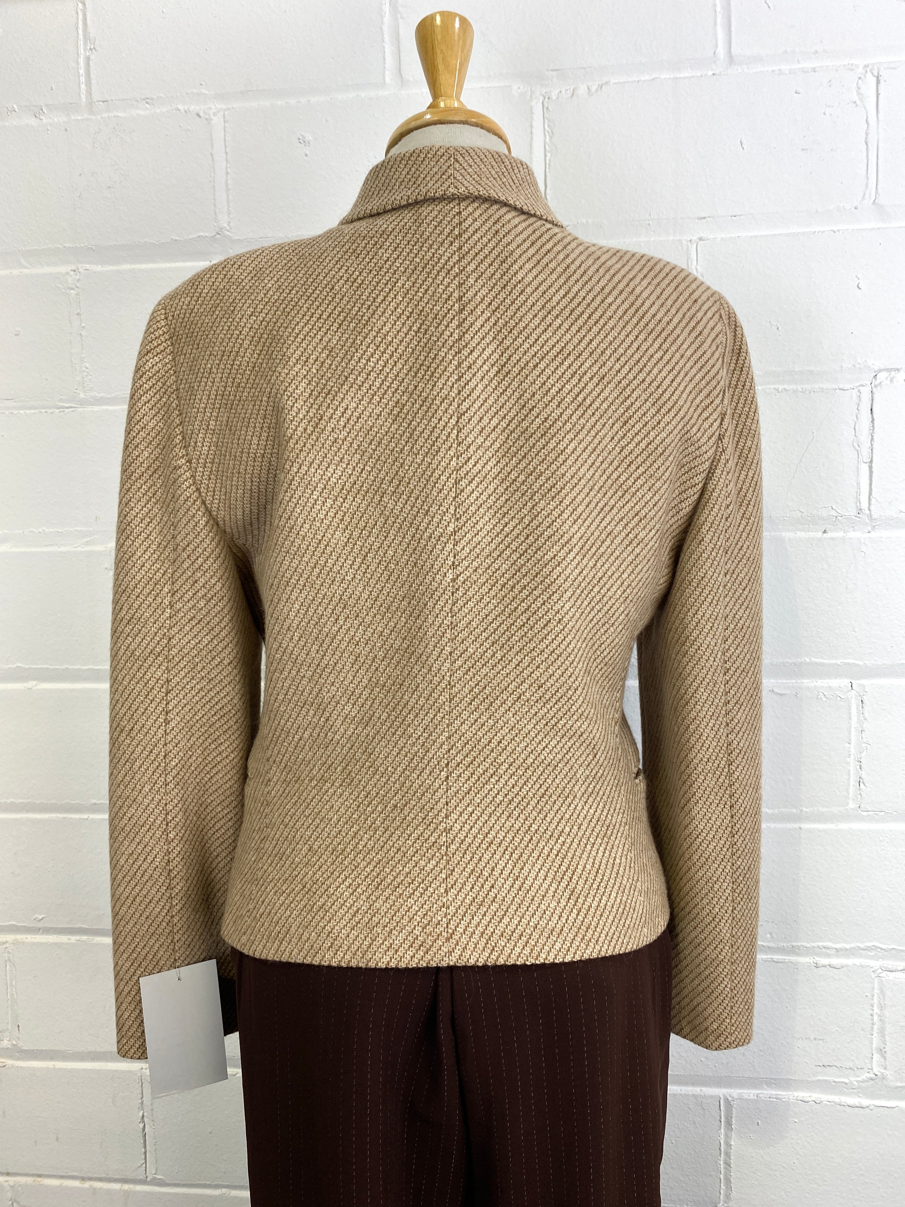 1990s Designer Wool/ Camel Beige Stripe Jacket and Vest Set, Small