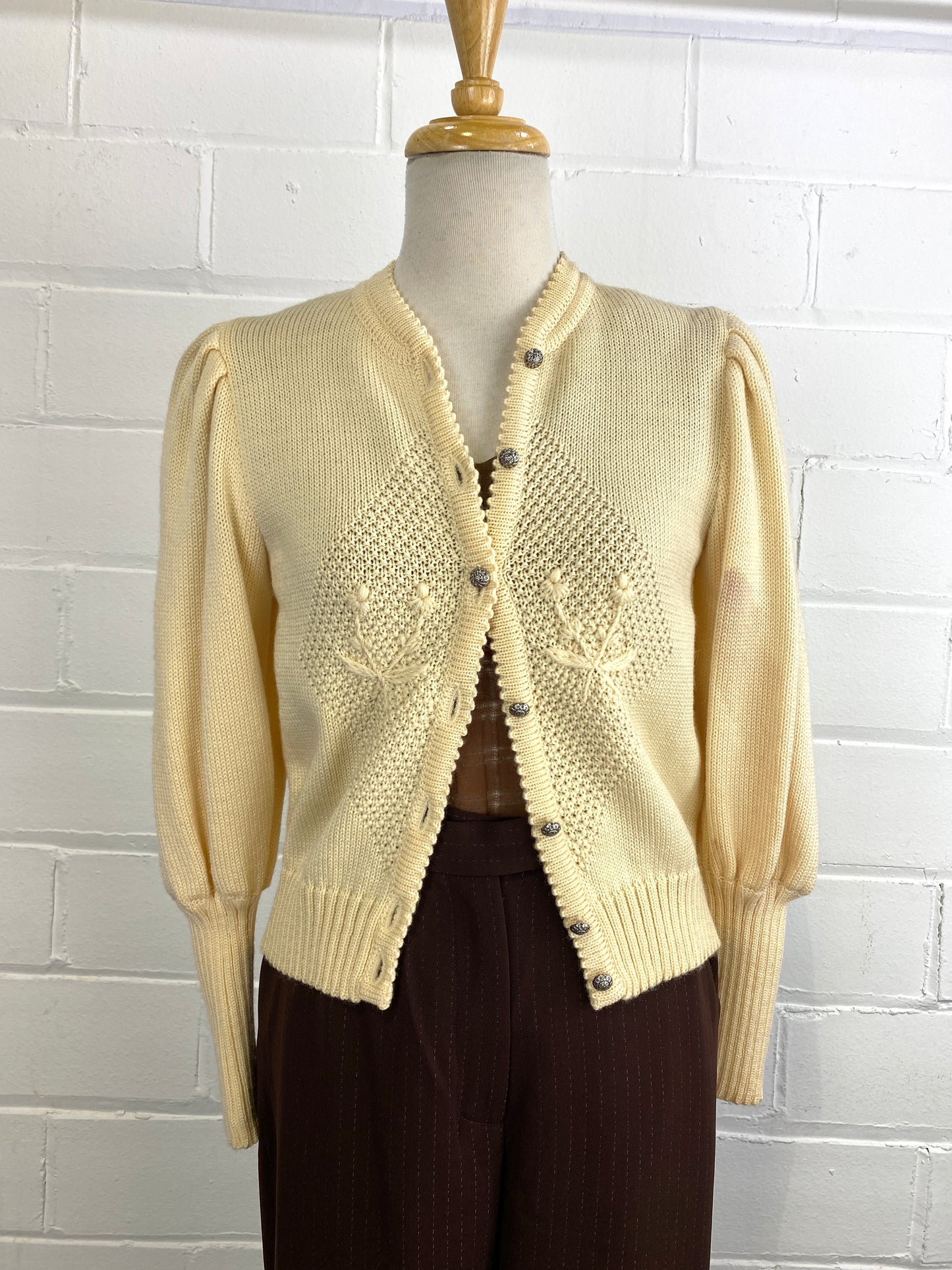 Vintage Deadstock Cream Austrian Wool Knit Puff Sleeve Cardigan with Floral Embroidery