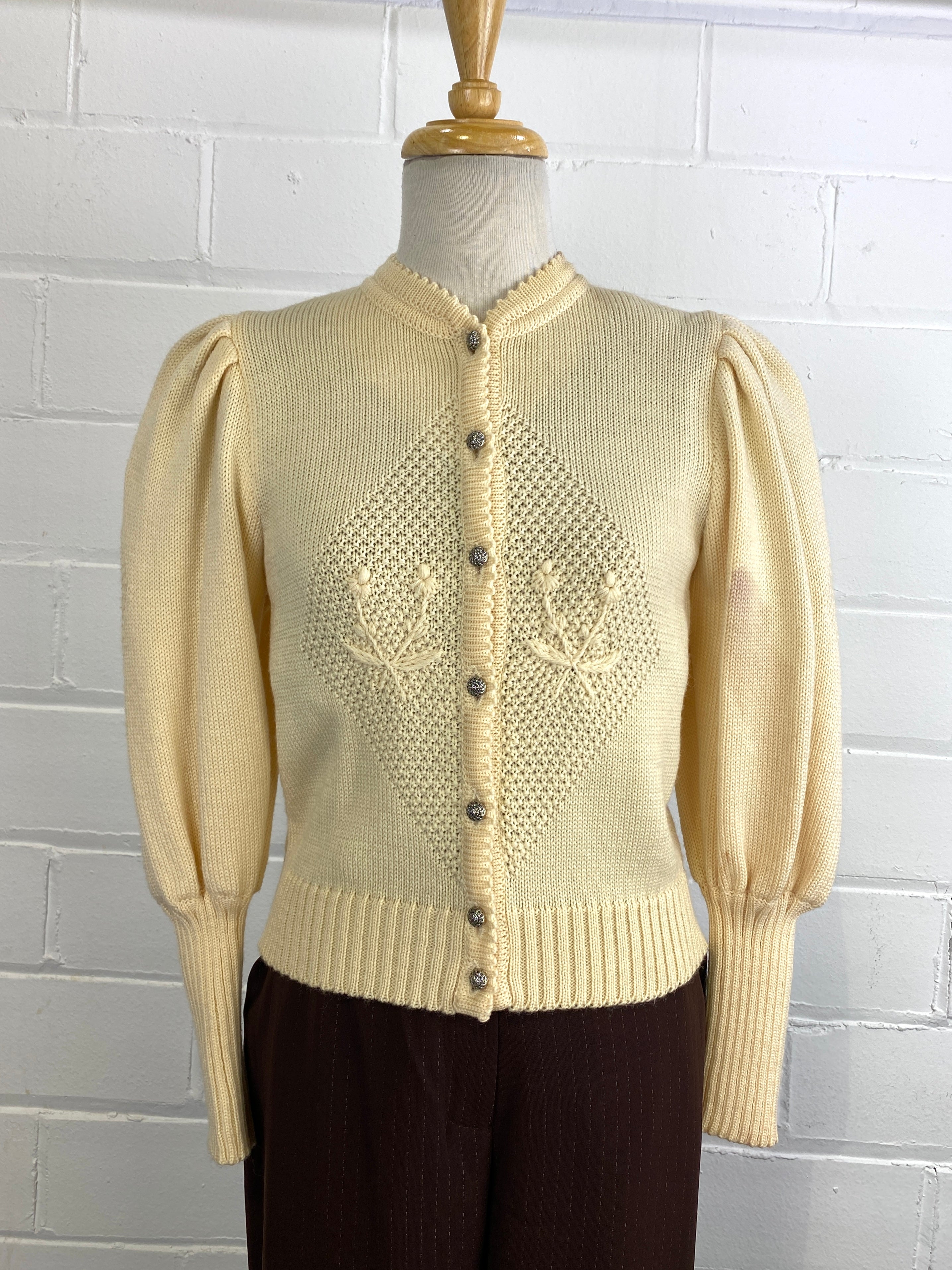 Vintage Deadstock Cream Austrian Wool Knit Puff Sleeve Cardigan
