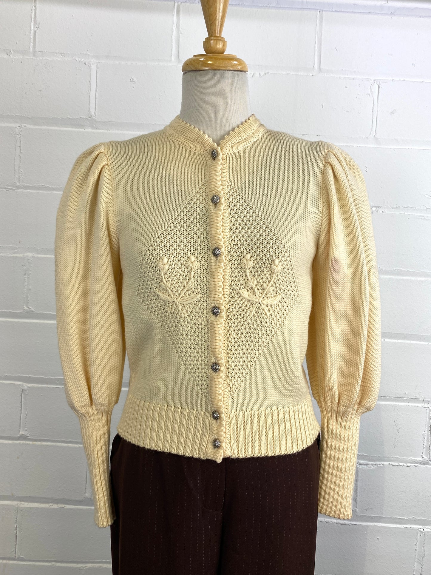 Vintage Deadstock Cream Austrian Wool Knit Puff Sleeve Cardigan with Floral Embroidery