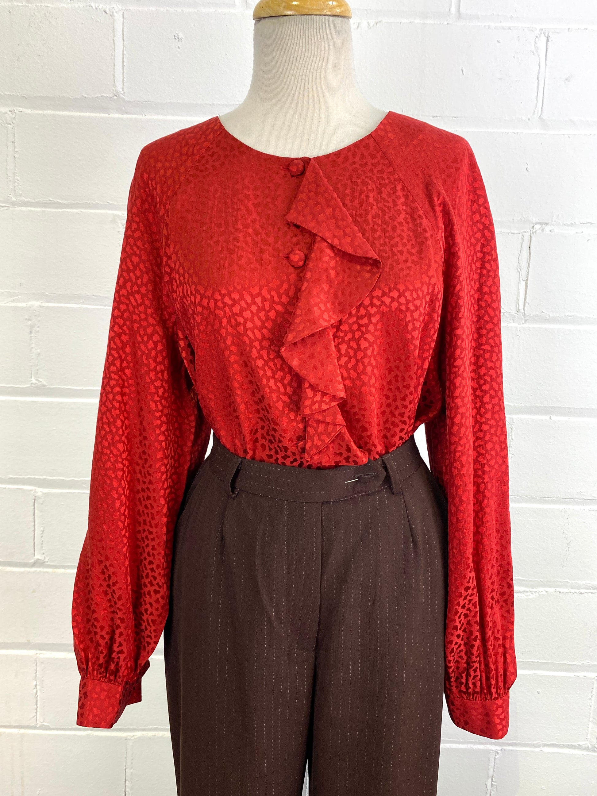 Vintage 1980s Red Leopard Print Silk Ruffle Blouse, Large 