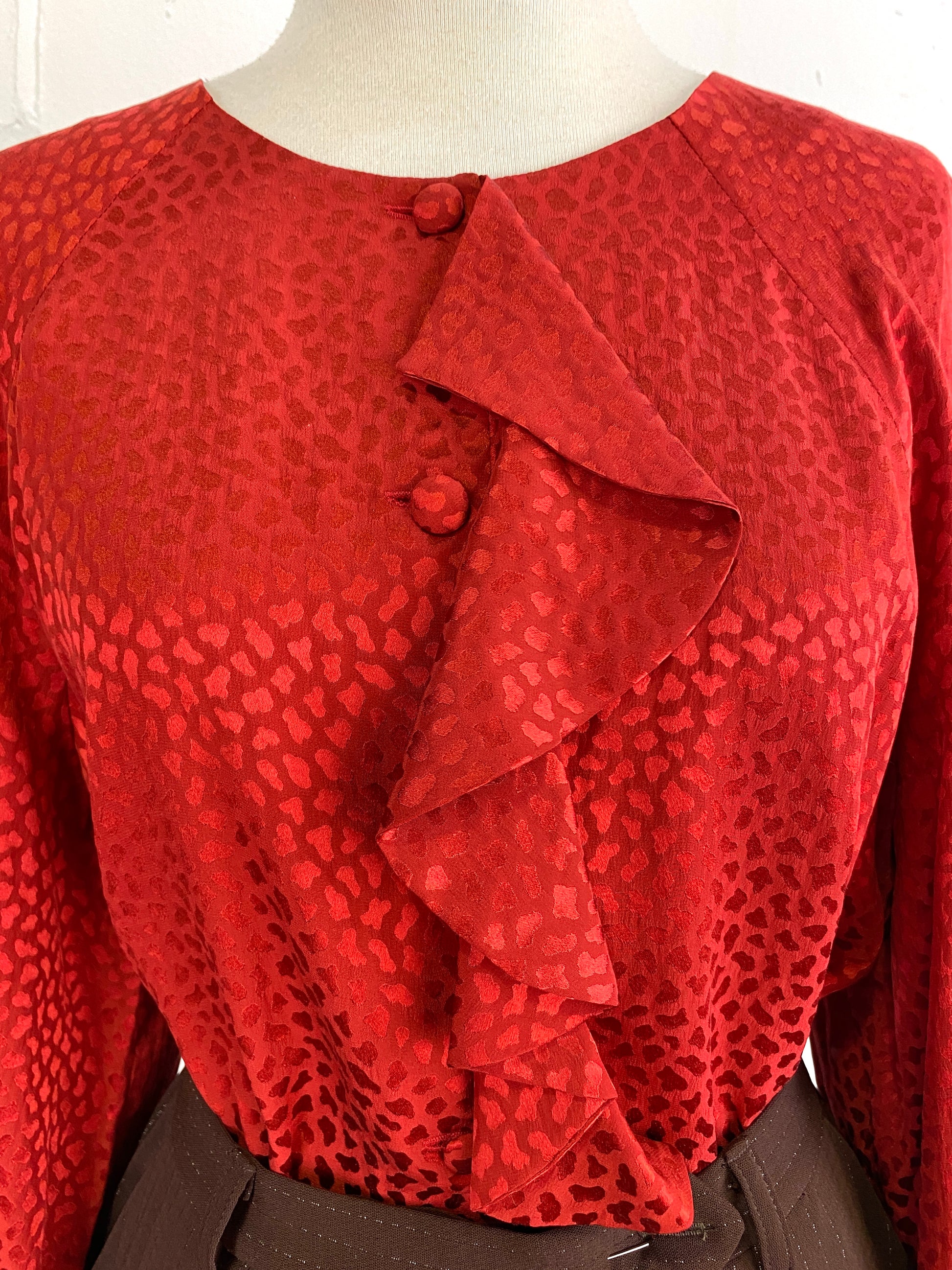 Vintage 1980s Red Leopard Print Silk Ruffle Blouse, Large 