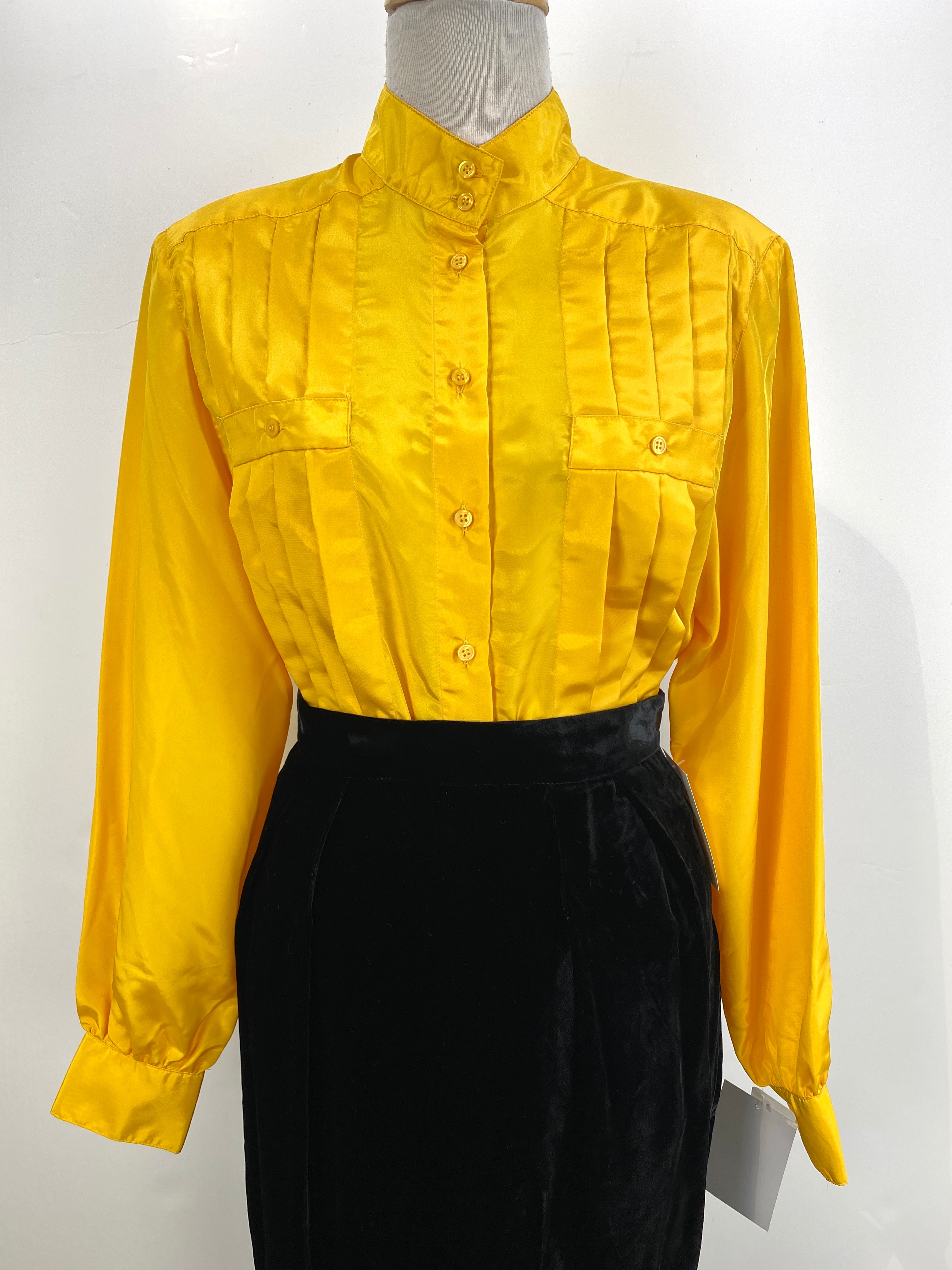 Vintage 1980s Deadstock Bright Yellow Pleated Blouse, Joan Harper, NOS