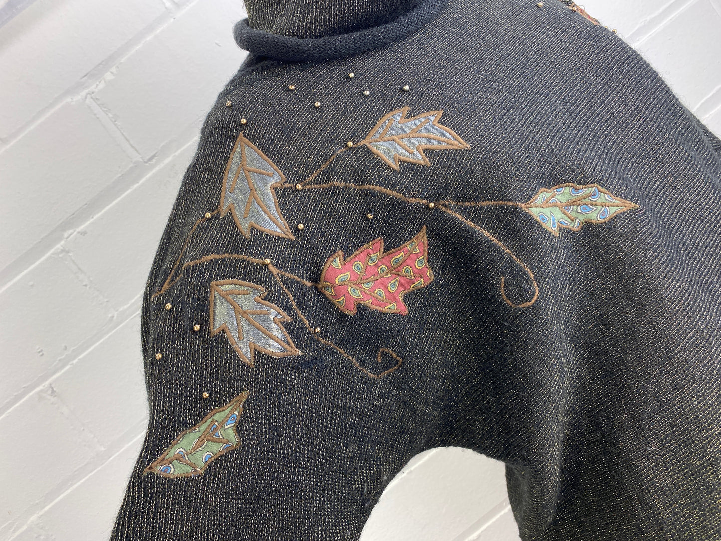 Vintage 1980s Black & Gold Cowl Neck Sweater with Leaf Appliqué, Medium 