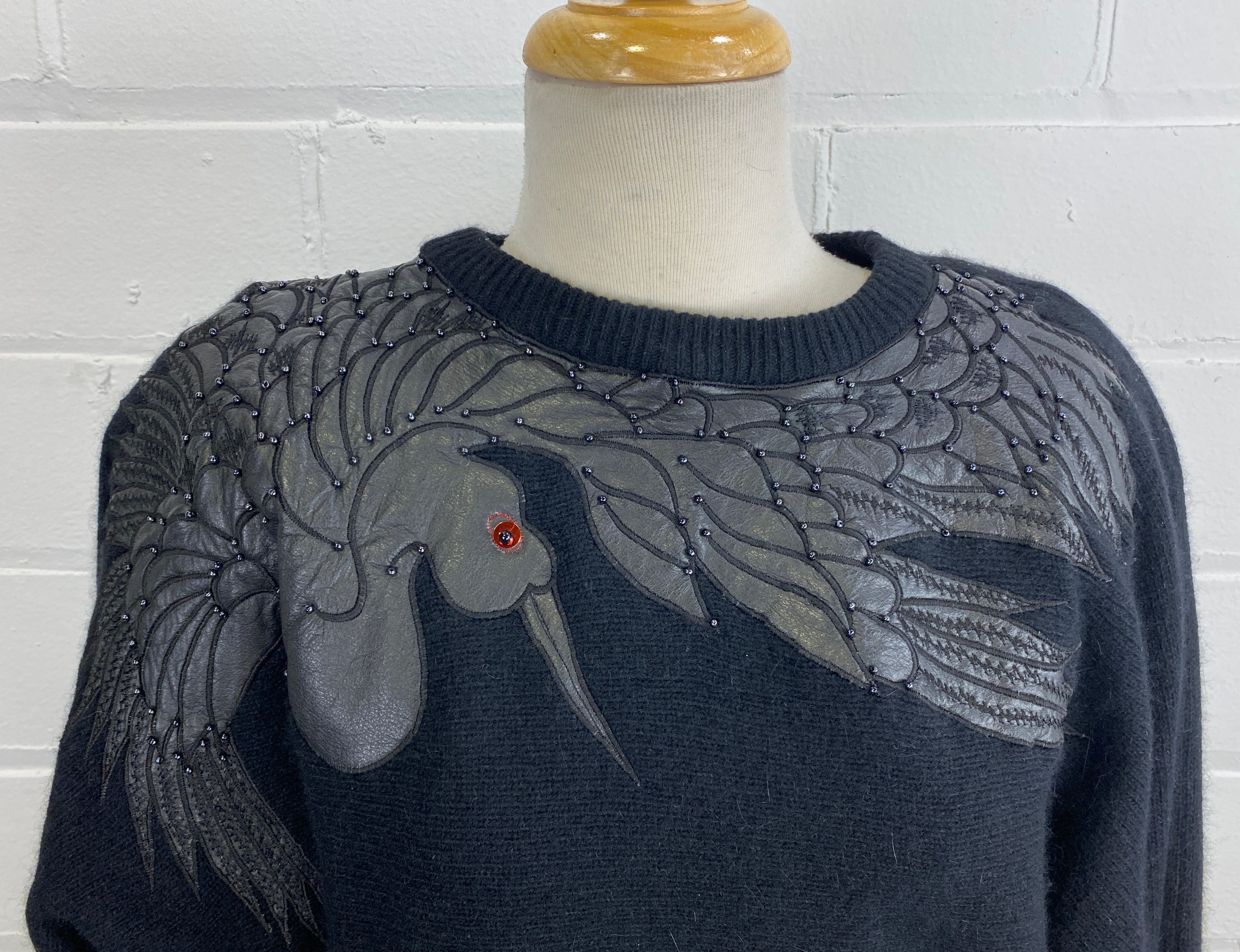 Vintage 1980s Black Wool/ Angora Sweater with Leather Appliqué