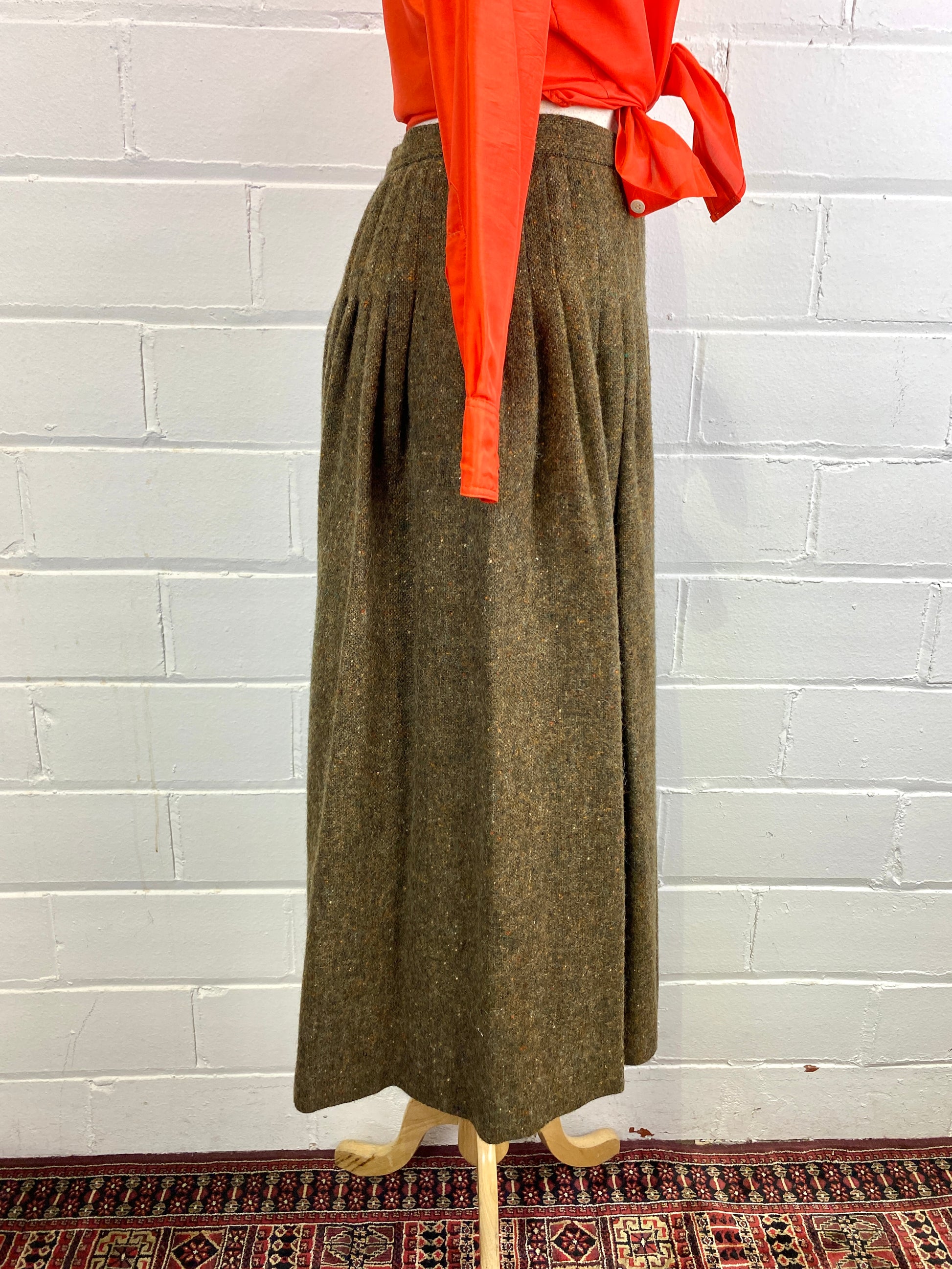 Vintage 1980s Yves Saint Laurent Green Pleated Tweed Wool Skirt, W27