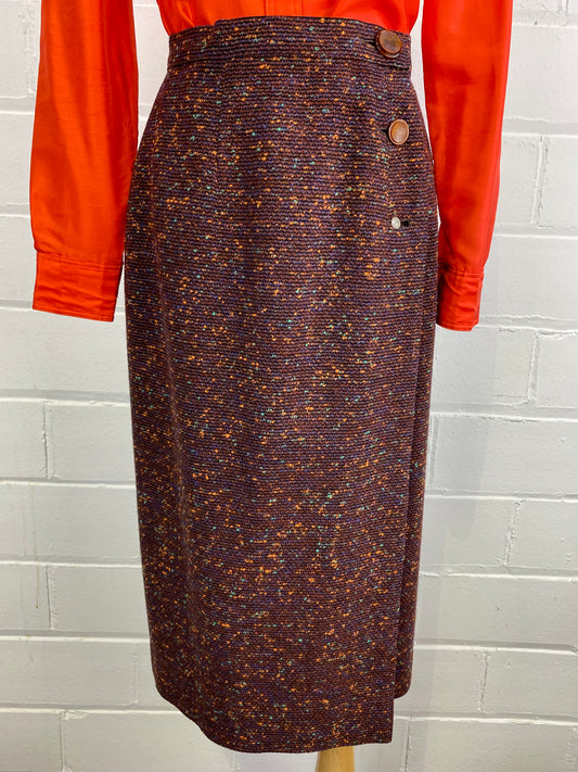 1950s Wool Skirt, Brown Bouclé with Blue and Orange Flecks, Side Buttons, Mid Century Vintage Pencil Skirt, 25 Waist