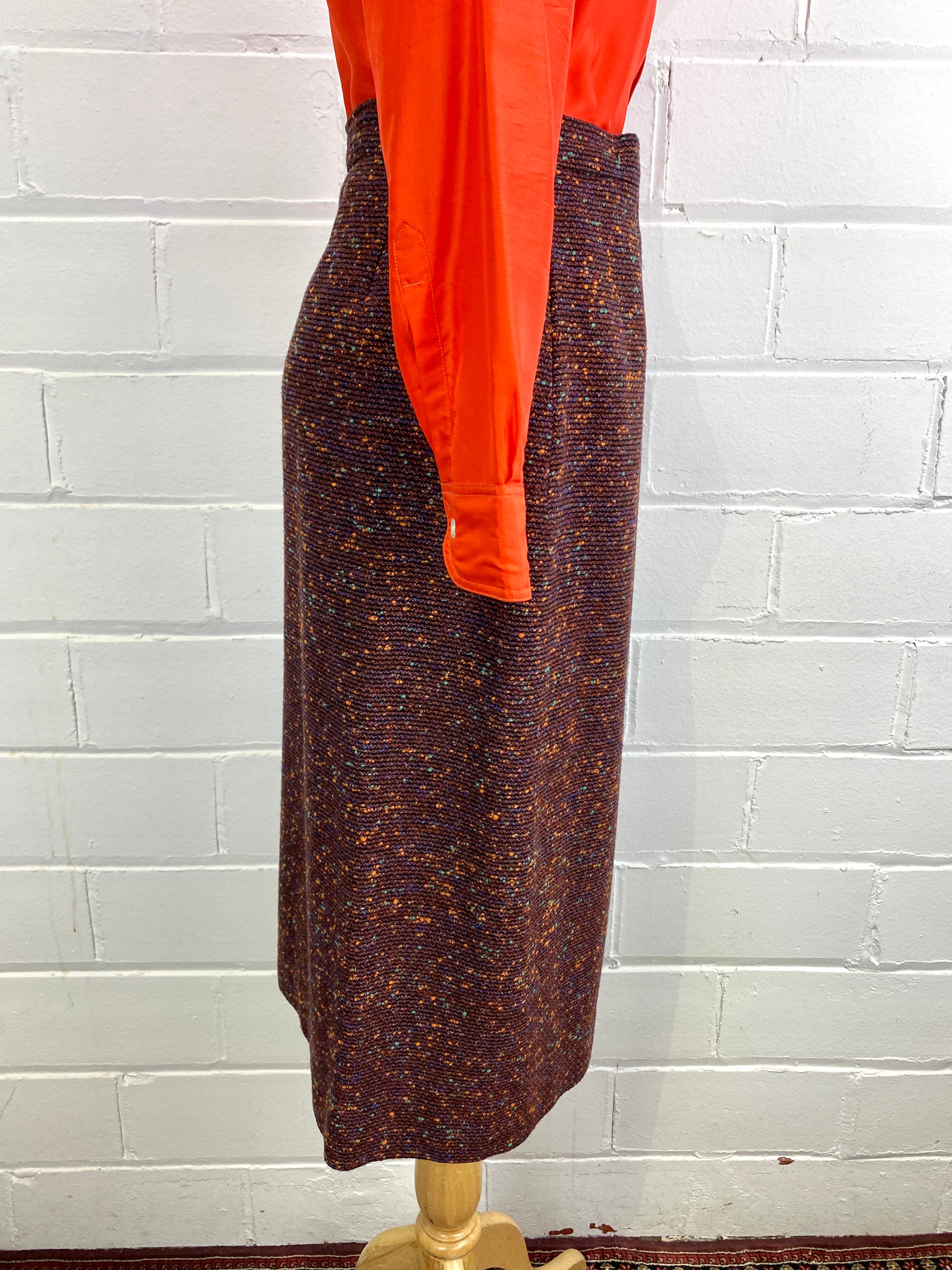 Vintage 1950s Brown Bouclé Wool Pencil Skirt, Blue and Orange Flecks, 25W
