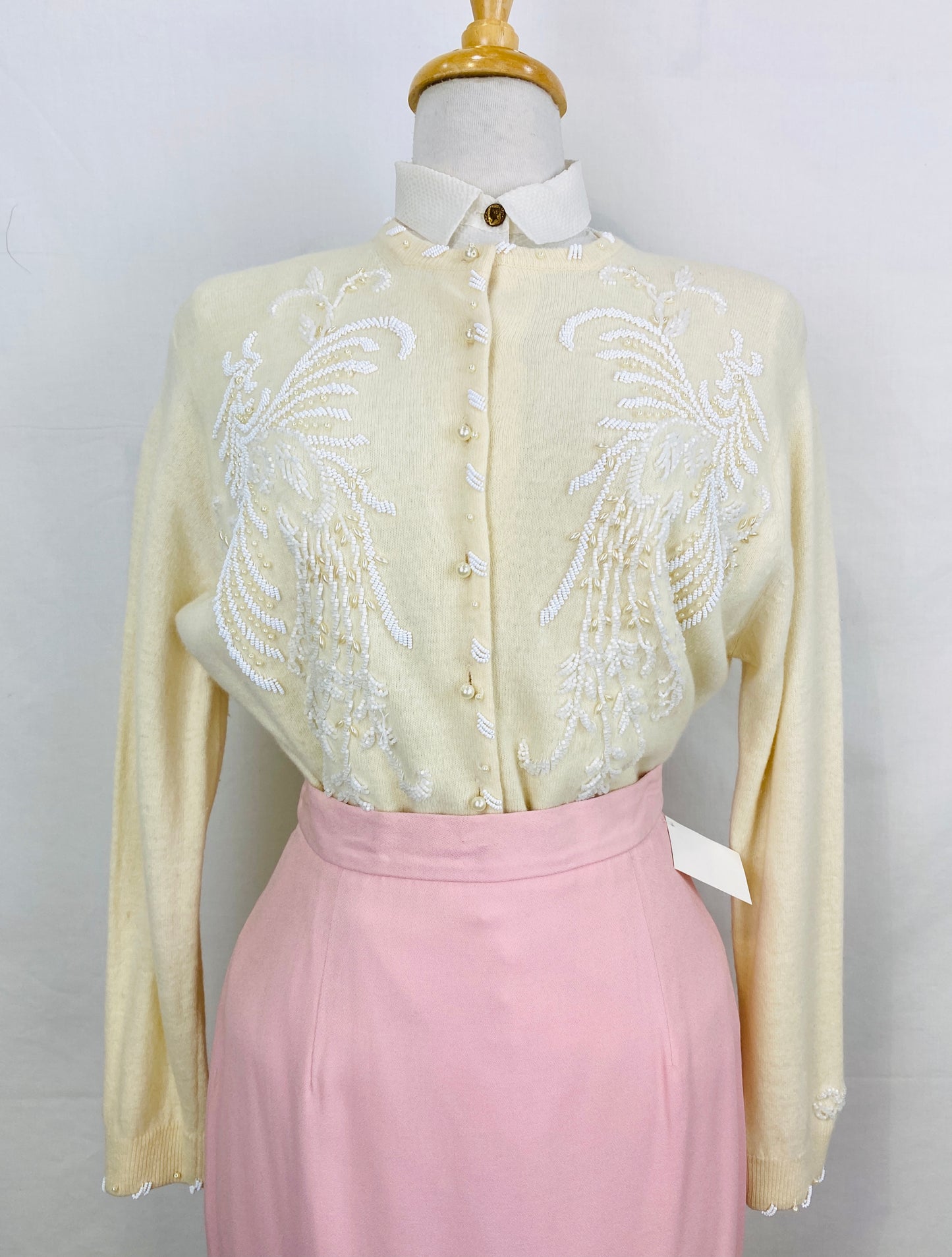 Vintage 1960s Cream Beaded Wool Cardigan, Large