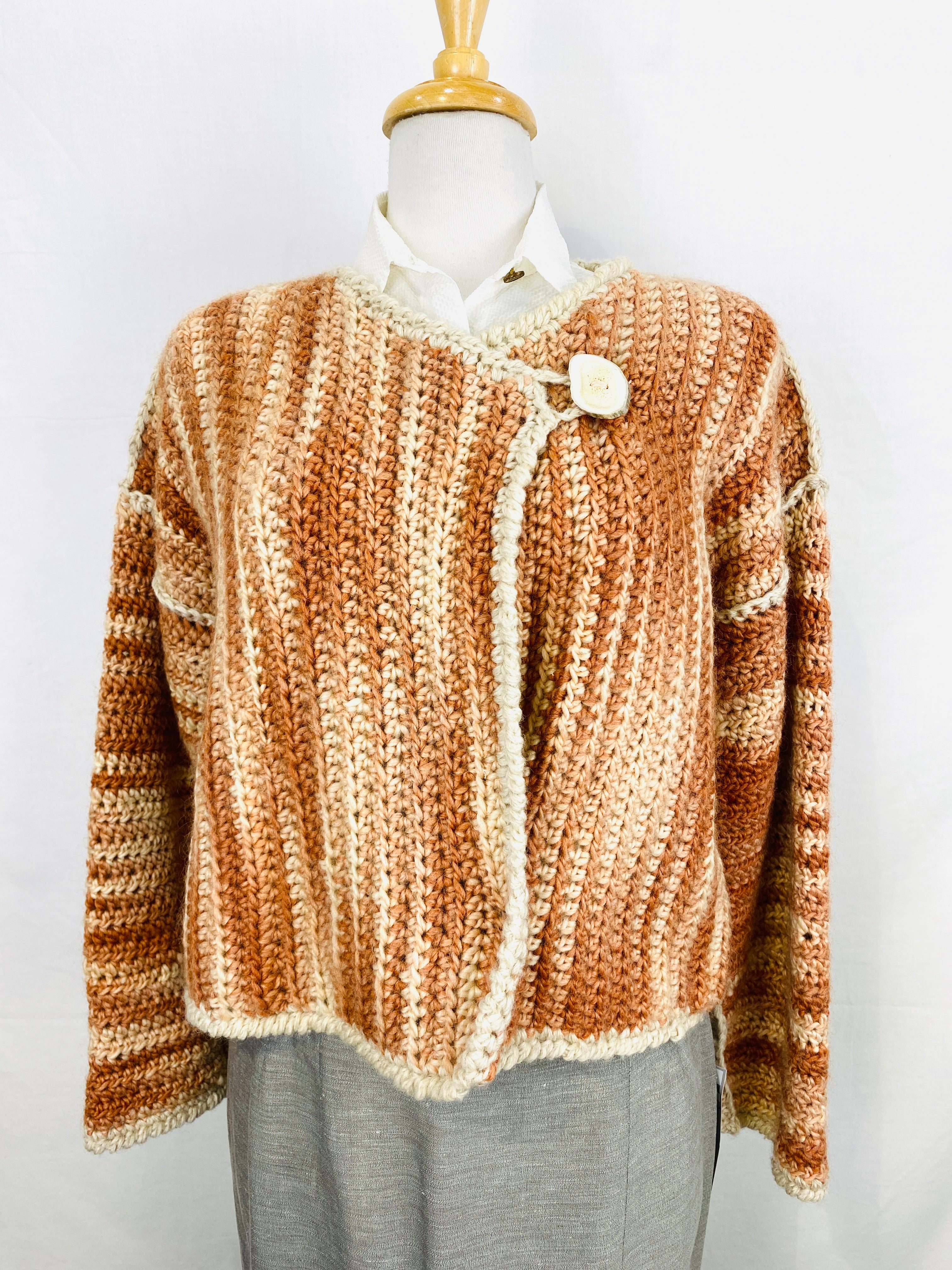 Vintage Handknit Chunky Orange Variegate Cardigan with Wood Button