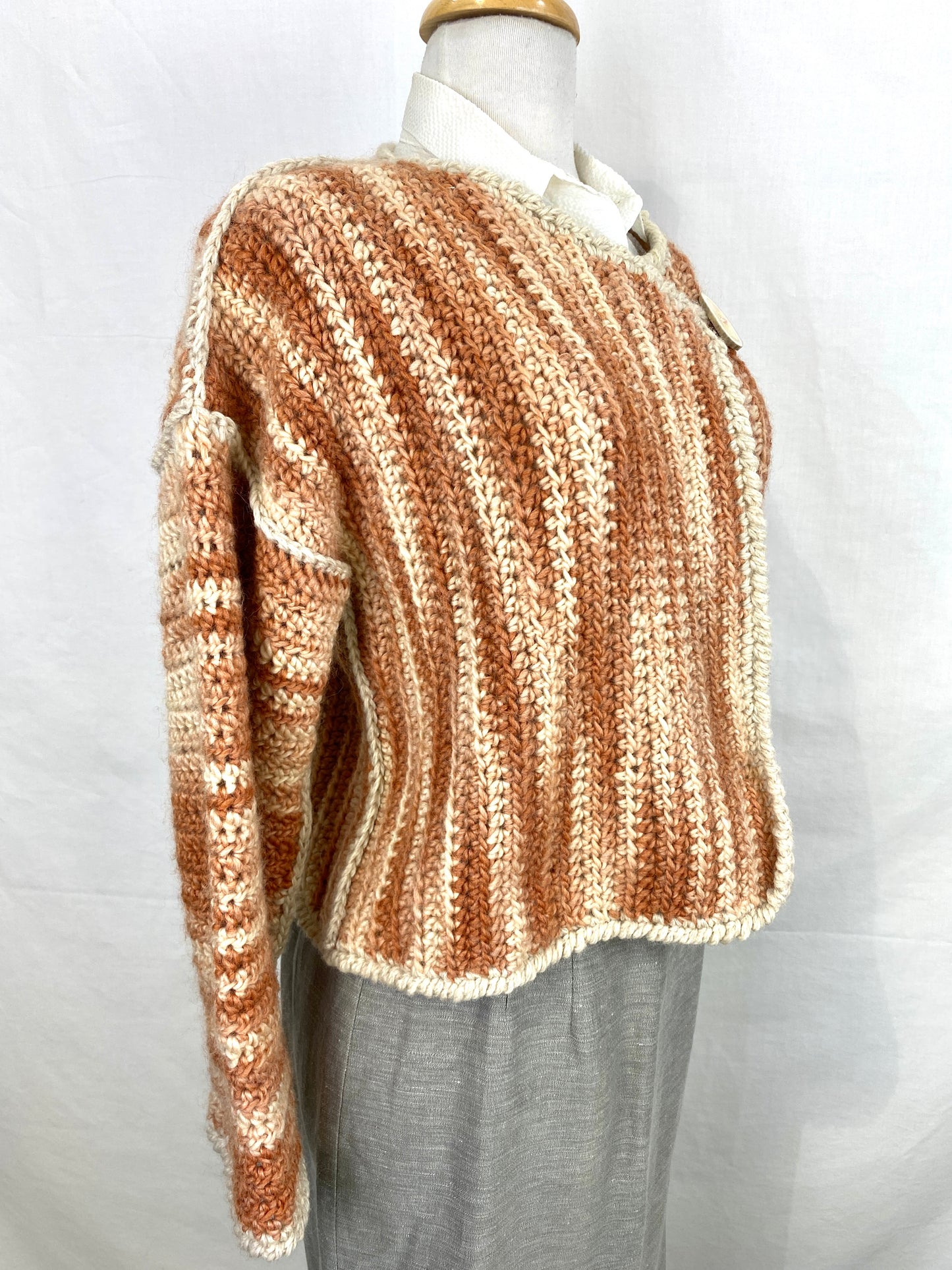 Vintage Handknit Chunky Orange Variegate Cardigan with Wood Button, Large