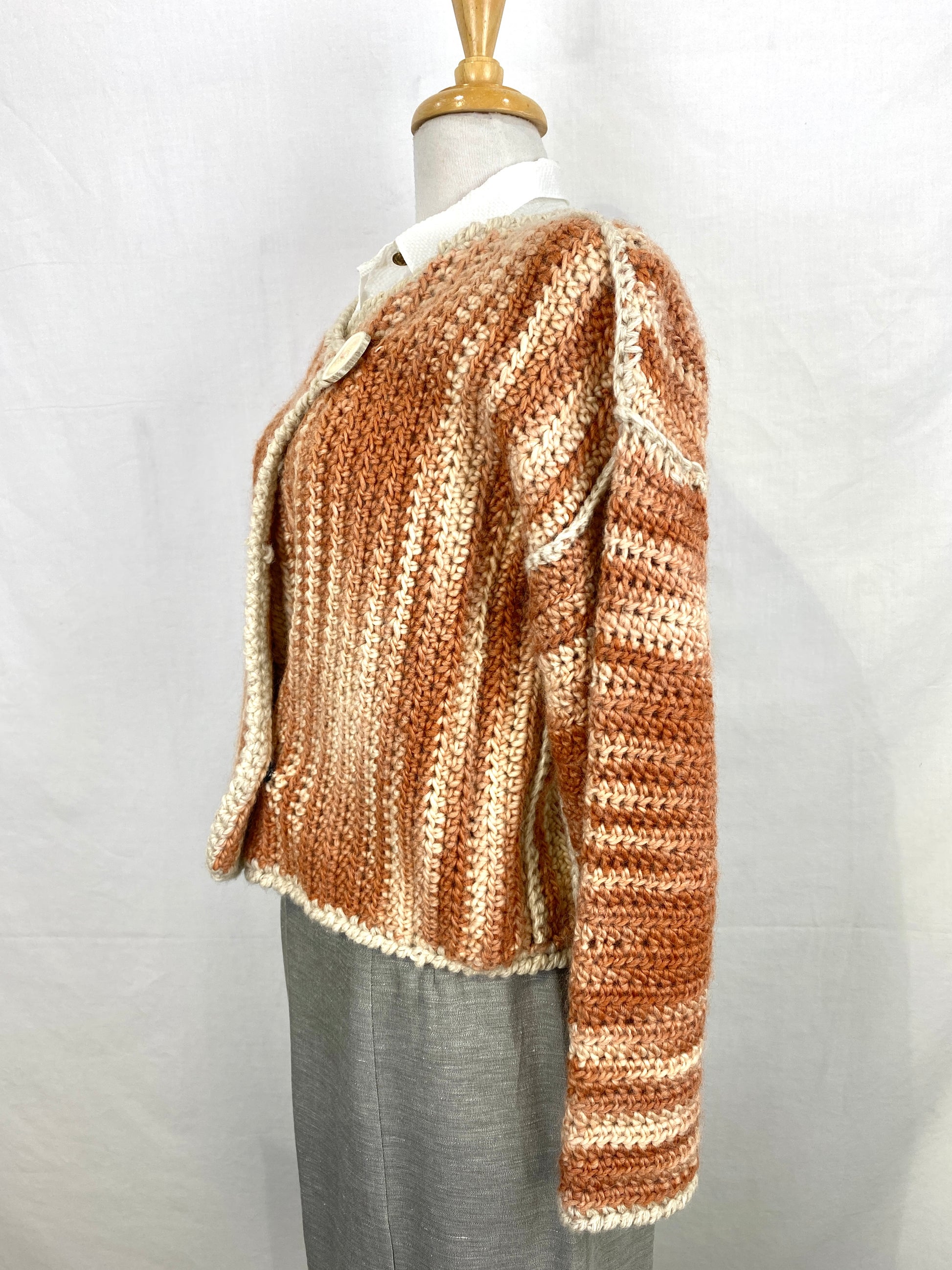 Vintage Handknit Chunky Orange Variegate Cardigan with Wood Button, Large