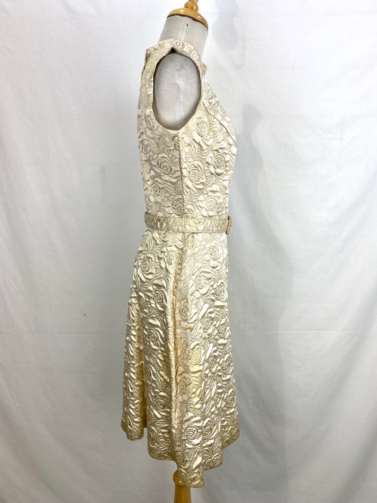 Vintage 1950s Metallic Gold Satin & Lurex Quilted Floral Dress, Medium 