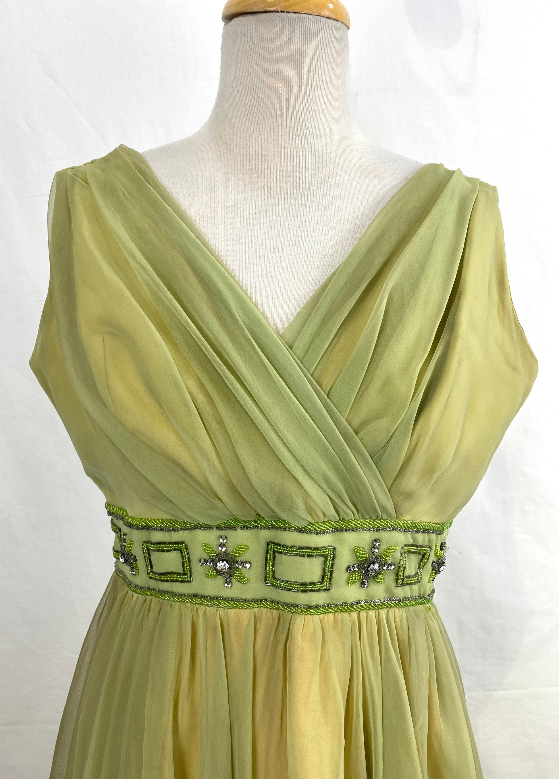 Vintage 1960s Green Chiffon Dress, Miss Elliette, Medium