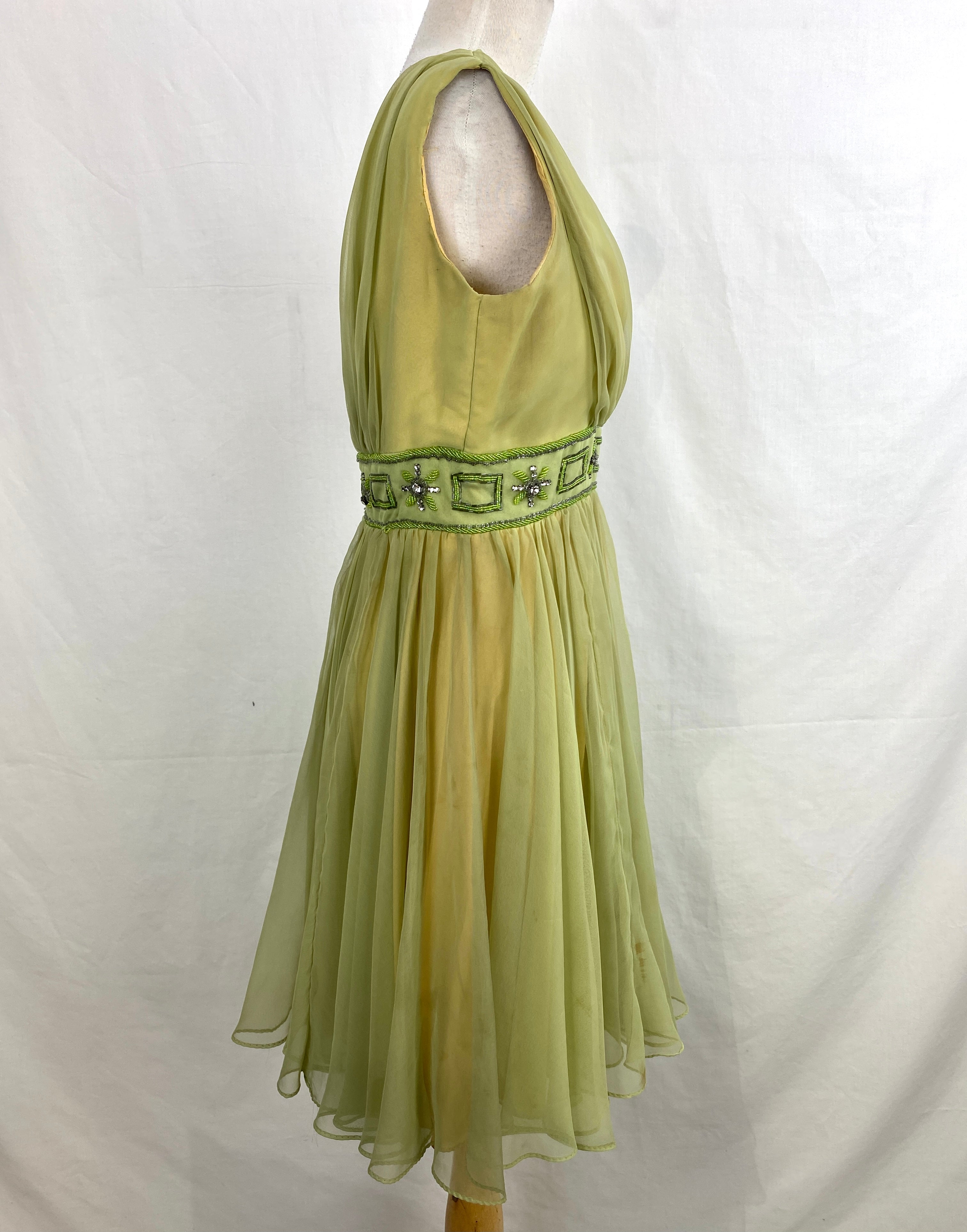 Vintage 1960s Green Chiffon Dress Miss Elliette Medium Ian Drummond Vintage