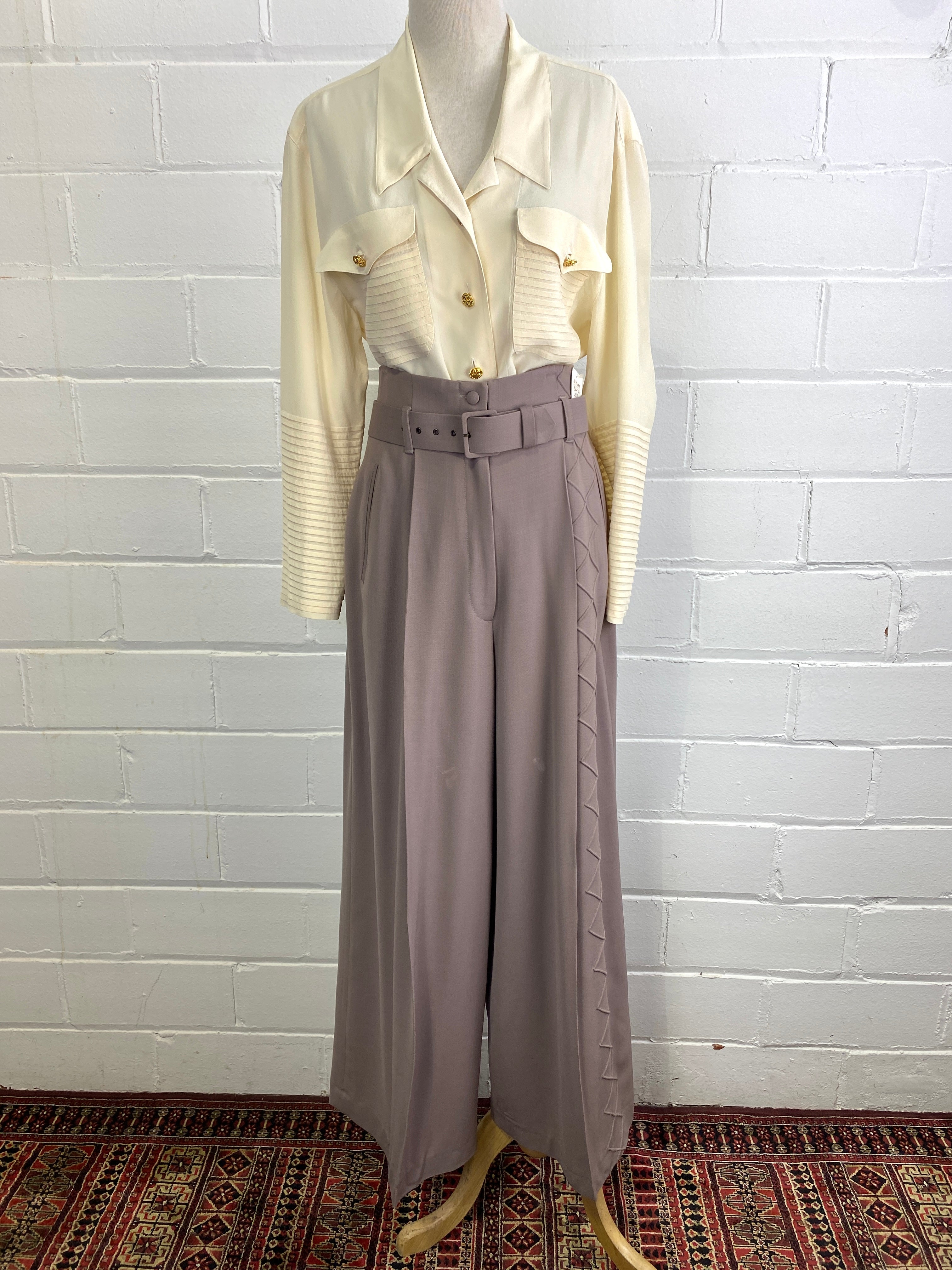 Vintage Sophie Sitbon Greige Wool Crepe Wide-Leg Pant Suit, W31