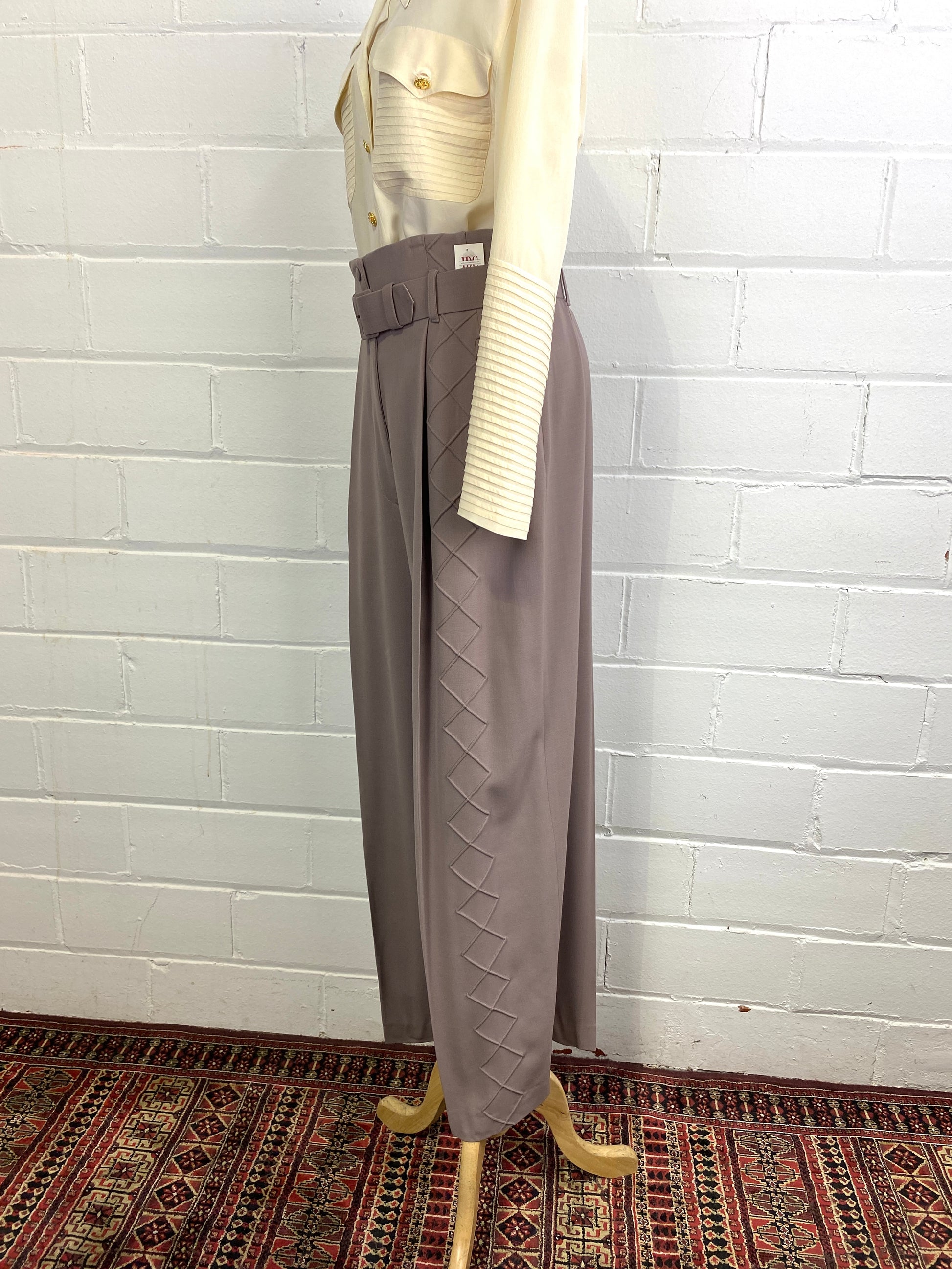Vintage Sophie Sitbon Greige Wool Crepe Wide-Leg Pant Suit, W31"