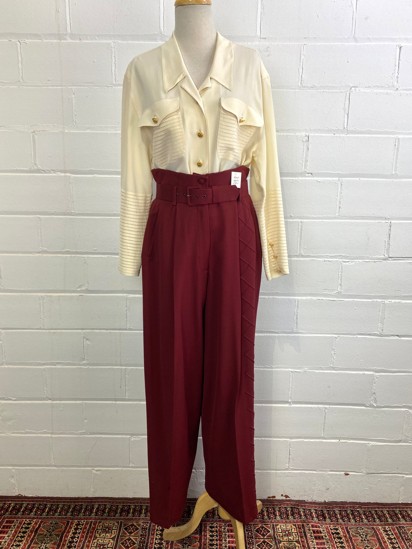 Vintage 1980s Sophie Sitbon Burgundy Wool Wide-Leg Pant Suit, W30"