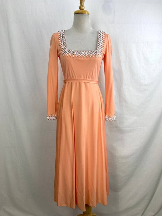 Vintage 1980s Beaded Peach Nylon Jersey Dress, XS