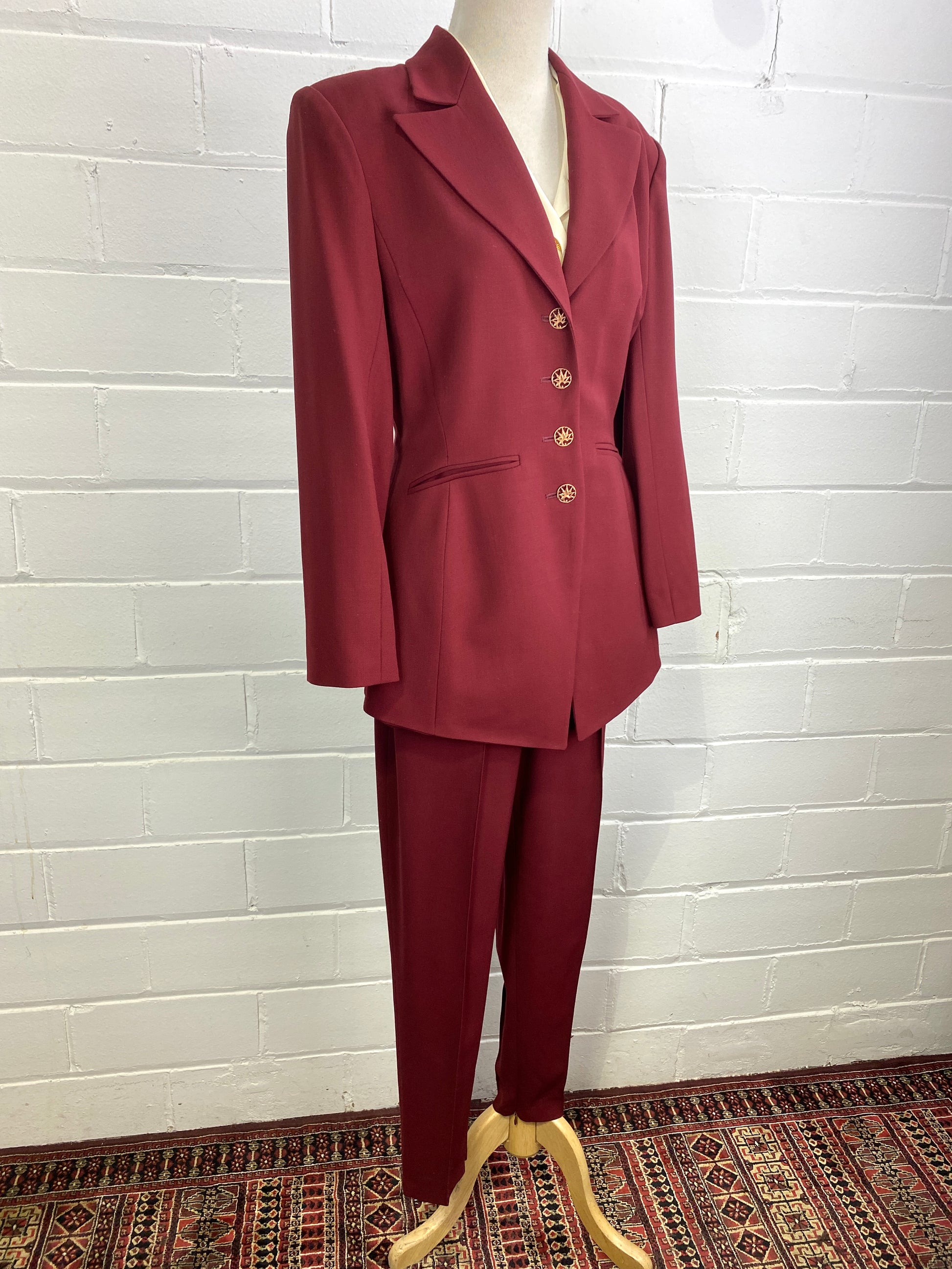 Vintage 1980s Sophie Sitbon Burgundy Wool Pant Suit, Tapered Leg, W29"