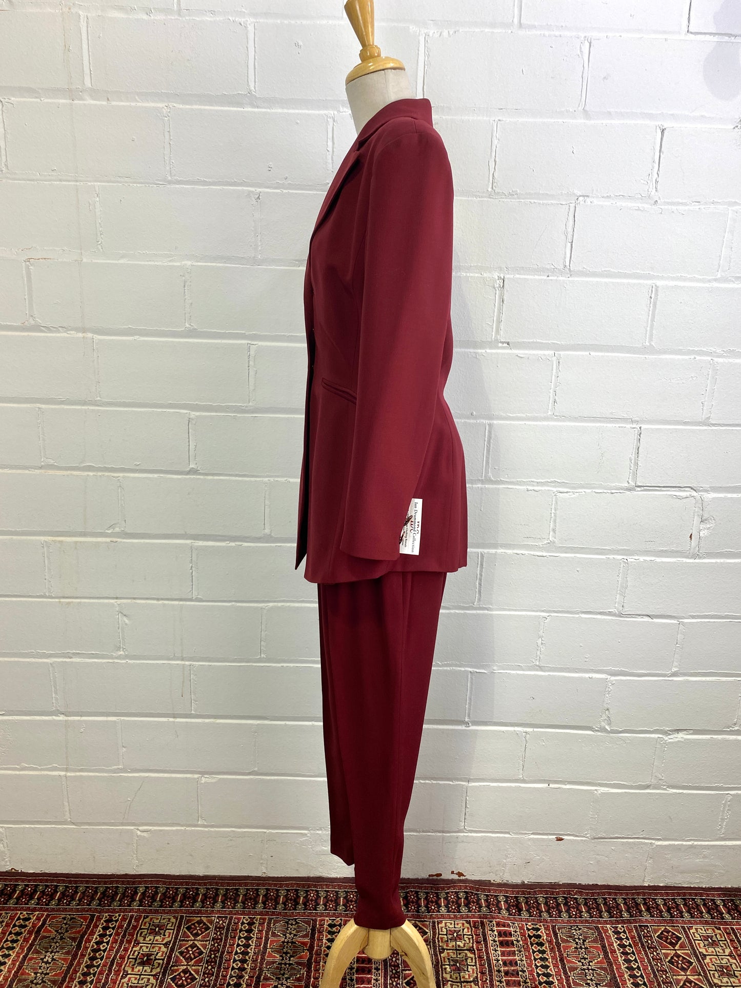 Vintage 1980s Sophie Sitbon Burgundy Wool Pant Suit, Tapered Leg, W29"