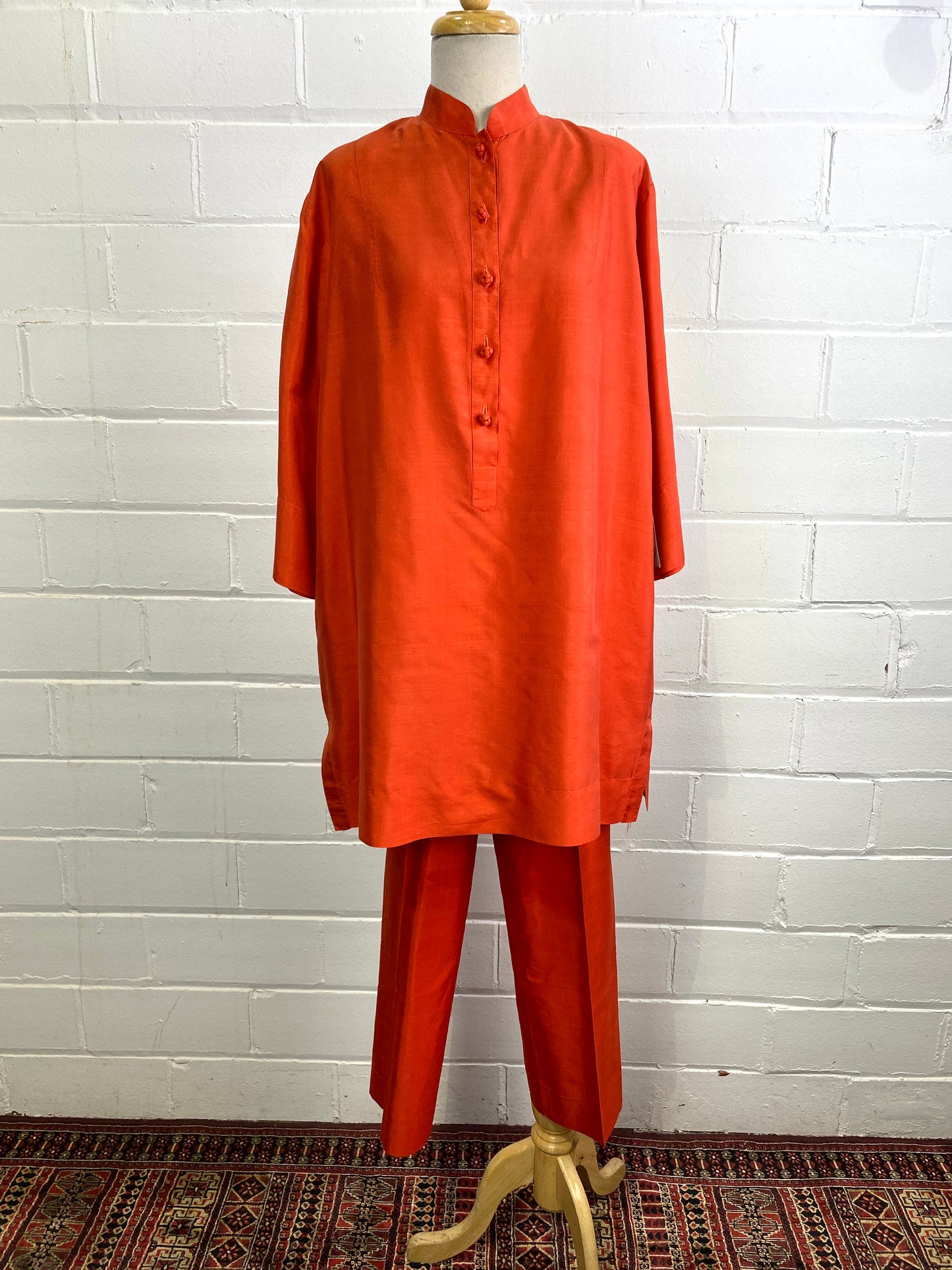 Vintage 1970s Orange Raw Silk Tunic & Pant Set with Sash Belt, B48"