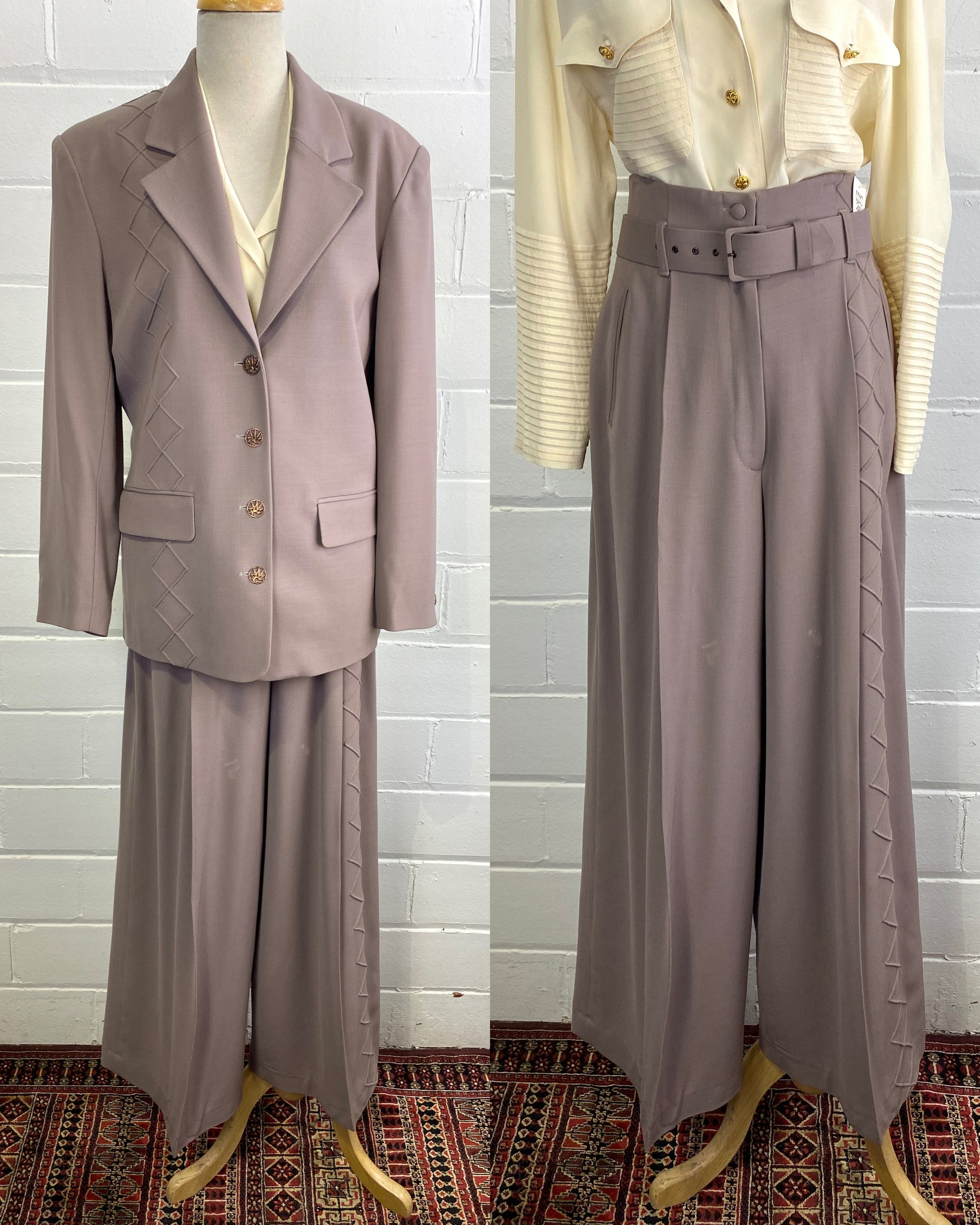 Vintage Sophie Sitbon Greige Wool Crepe Wide-Leg Pant Suit, W31"