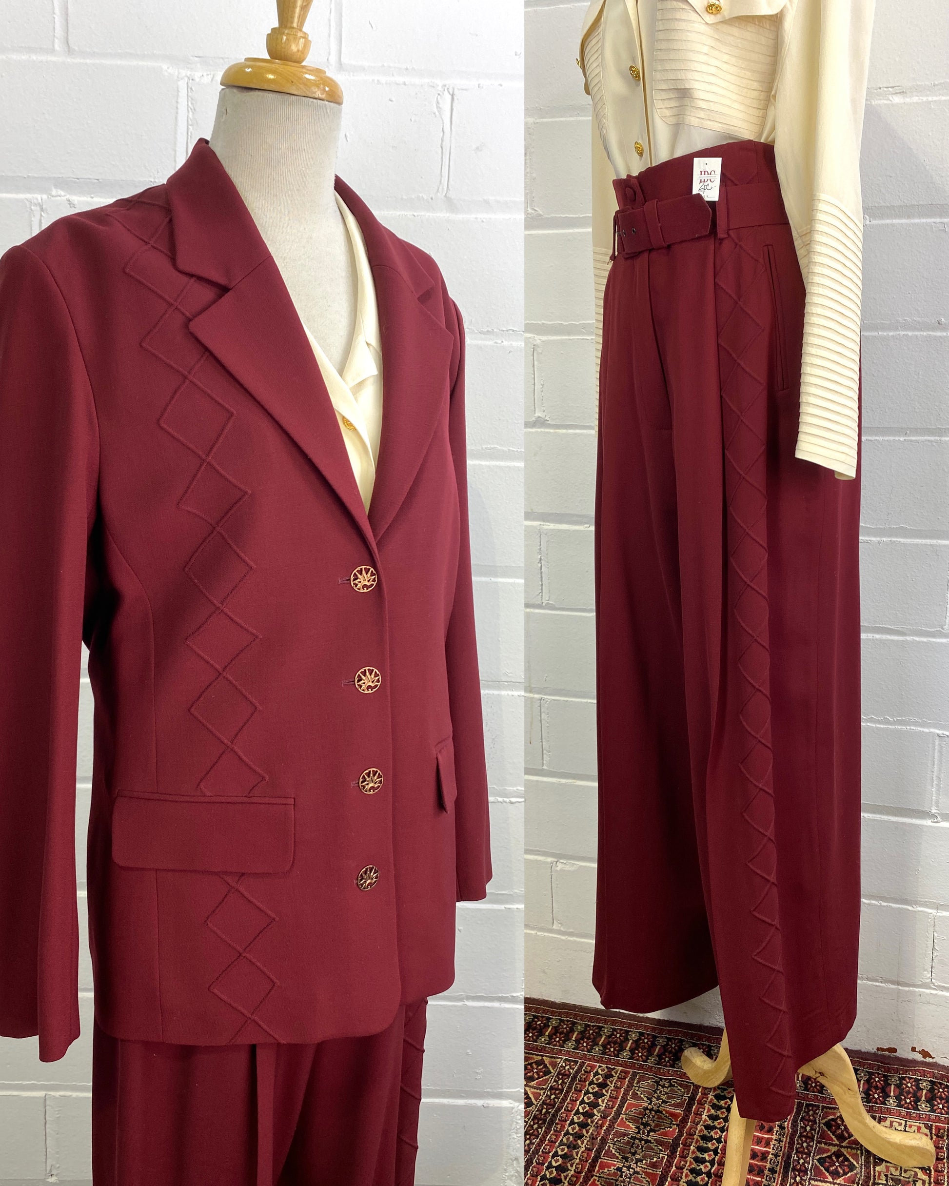 Vintage 1980s Sophie Sitbon Burgundy Wool Wide-Leg Pant Suit, W30"