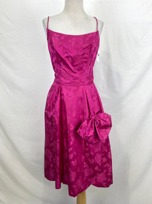 Vintage 1960s Fuchsia Pink Satin Brocade Cocktail Dress, XS
