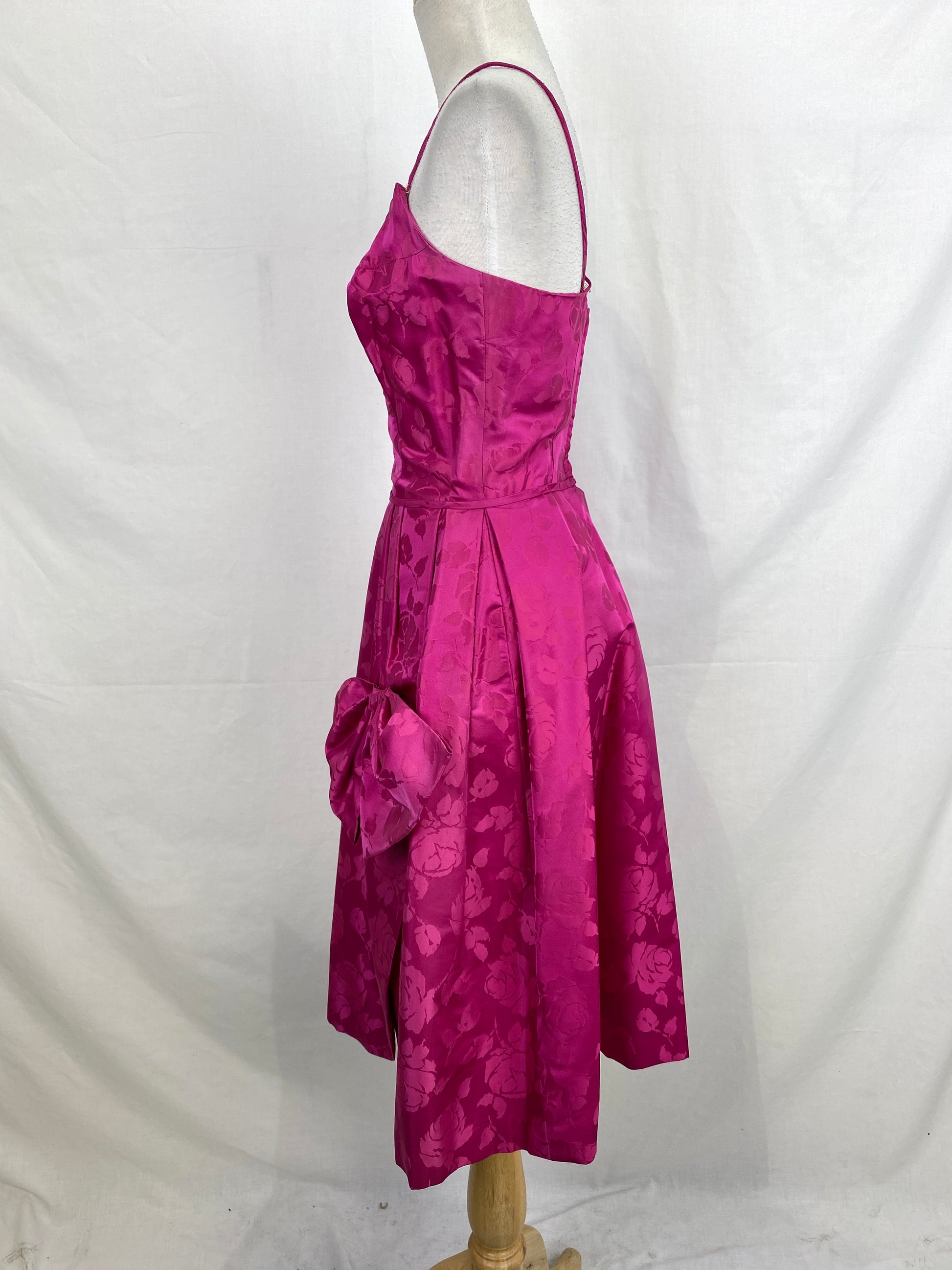 Vintage 1960s Fuchsia Pink Satin Brocade Cocktail Dress, XS